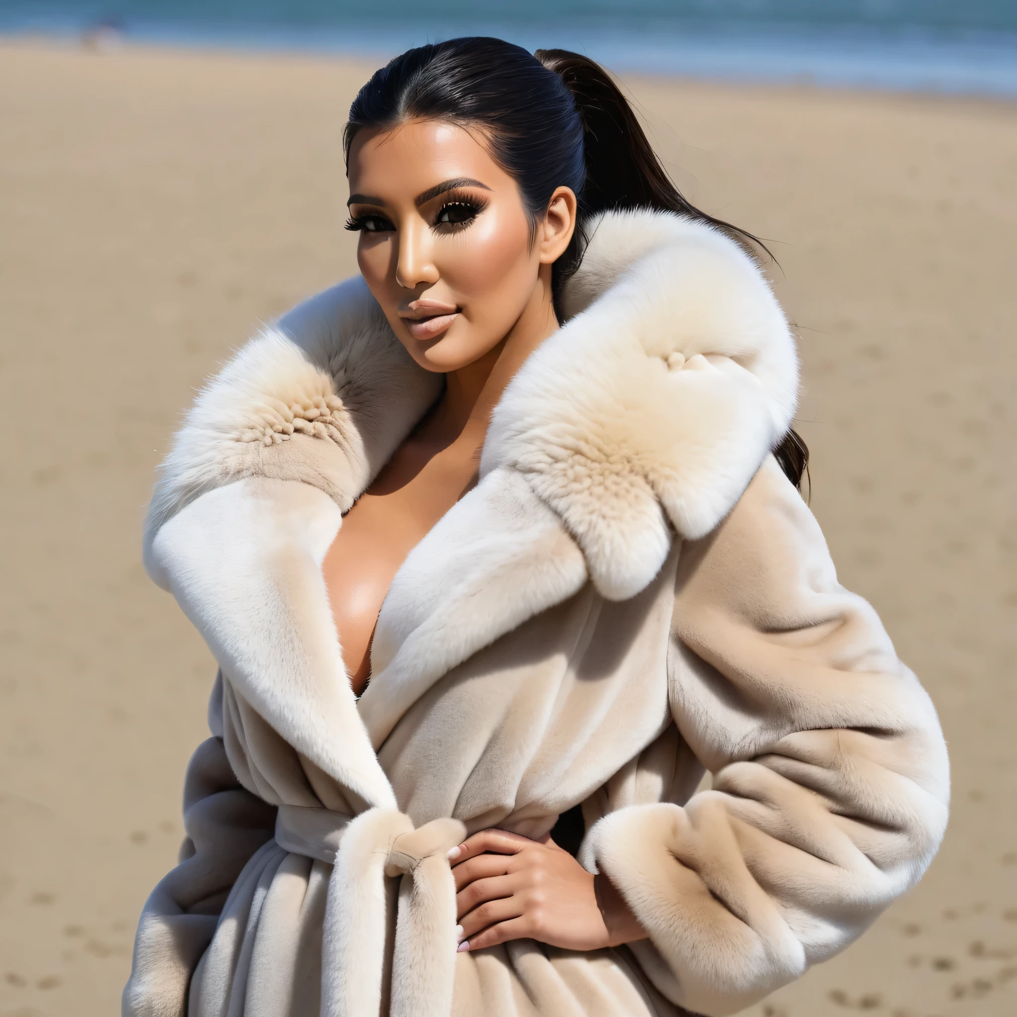 A very wide and very thick, very long sand mink fur coat, fifty centimeters thick, duveteux, naturel, with an ultra thick white and sand mink fur collar, three layers, sur Kim Kardashian, fully nude front view, bare shoulders, and two large breast discovered by the fur, at sunny Pebble Beach Concours d'Elegance , en haute résolution de la plus high quality、,Photo 8K HDR), Realistic texture, realistic shadows, (dynamic subdued lighting), (centered within the framework), (Very detailed:1.2), Fond d&#39;8k screen, high quality, grain de film, Fujifilm XT3, (Very detailed skin), ((gaping and :1.3)), dark bun, messy hair, ,
