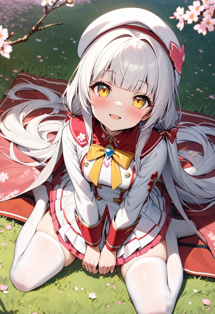 masterpiece, best quality, ultra-detailed, 1girl, , flat, magical girl, army uniform, white clothes, white cloak, white thighhigh, white beret, white hair, very long hair, low twin tails, gold ribbon, blunt bangs, vivid smile, yellow eyes, sitting on picnic mat, wariza, cherry blossom viewing, looking up, from above, sakura