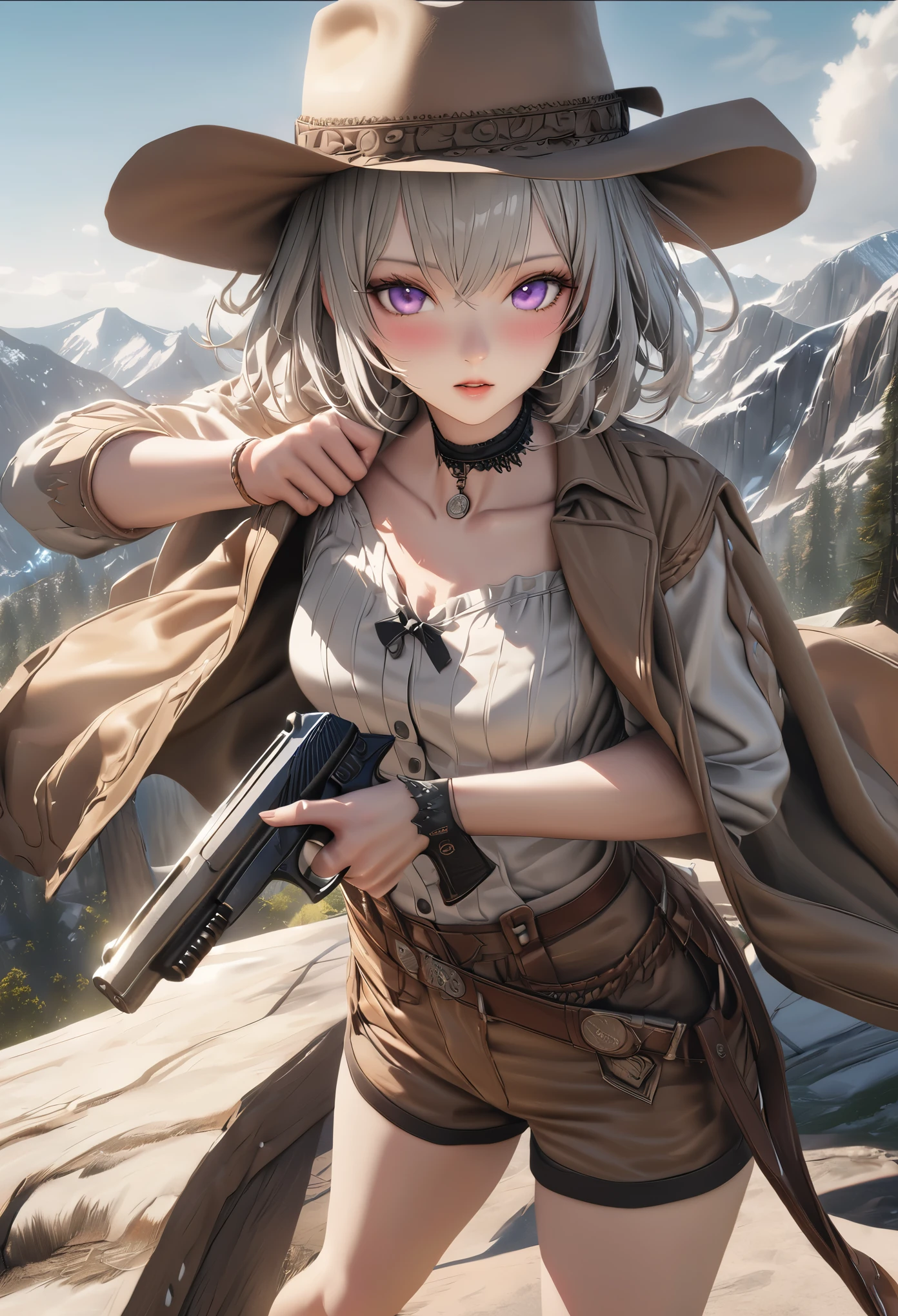 masterpiece,highest quality, Super detailed, High resolution, expensive resolution, HDR, 4k, 8K, unity 8k wallpaper, Super detailed CG, masterpiece, realistic, 2D, 3D, beautiful details, depth, fine texture , super fine: 1.3, Fully focused, Crispy.skin, .he,
Very cute anime girl 、Desolate wilderness、cowboy style costume、cowboy hat、cowboy boots、hand gun、mexican wilderness、duel、Standing with a hand gun、silver short hair wearing expensive , one girl、alone, silver short hair, cowboy style、cowboy hat、hand gun、duel、cowboy bootole under the eye, looking at the viewer , expensive , blush, mole, , parted lips, hair ornaments, heart, purple eyes, choker