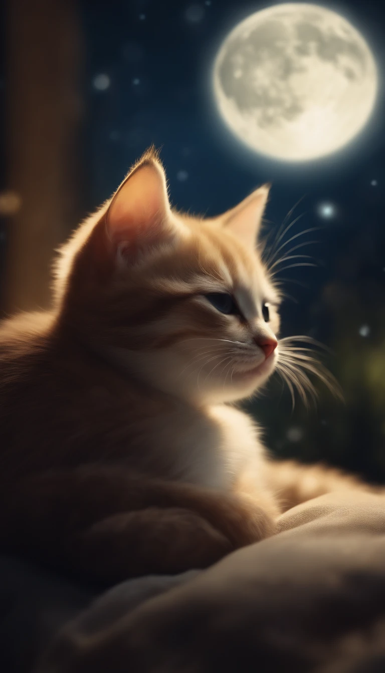 Kitten sleeping、Moonlight night、cute illustration
