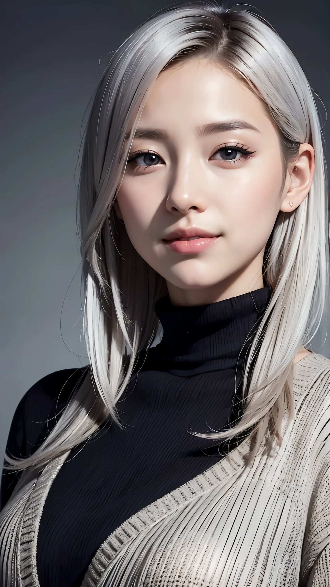 Realistic, masterpiece, highest quality, highest resolution, A portrait depicting only the upper body of a Japanese woman, A happy smile, slightly turned to the side, definitely looking at the audience, beautiful detailed eyes, black eyes, (hidden creased eyelids:1.2), thin eyebrows, Carefully draw eyelashes, natural makeup, middle hair, silver hair, detailed face, Black thick turtleneck sweater