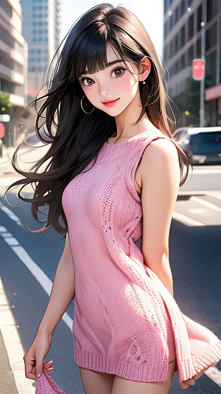 (8K, ultra high resolution, highest quality:1.2)、(realistic:1.4)、(photorealistic stick:1.2)、sharp focus、1girl、(16 years old)、(big smile)、(look away)、Japanese girl raw portrait、 (small breasts:1.5)、(sleeveless knit dress:1.5)、(from below:1.2)、walk、support your chest with your hands、(panty shot:1.2)、(city:1.4)、(natural skin texture、fine skin、hyper realism、Super sharpness)、intricate details、actress model pose、 long black hair、beautiful butt、close your mouth、Smile、smile happily、pretty black hair、Big eyes、Clear double eyelids、eyelash、Absolute area、beautiful clavicle、perfect face、bangs、きれいなbangs、Fair skin、small face、face becomes smaller、eye highlights、light brown eyes、lip gloss、chest bulge、white boots