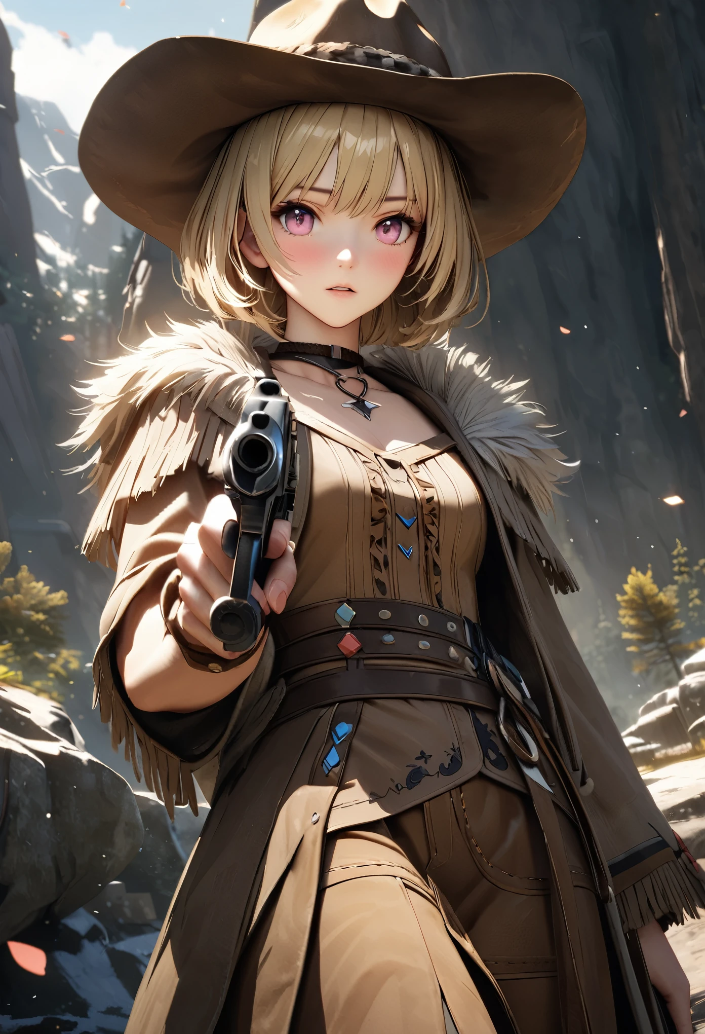 masterpiece,highest quality, Super detailed, High resolution, expensive resolution, HDR, 4k, 8K, unity 8k wallpaper, Super detailed CG, masterpiece, realistic, 2D, 3D, beautiful details, depth, fine texture , super fine: 1.3, Fully focused, Crispy.skin, .he,
Very cute anime girl 、Desolate wilderness、cowboy style costume、cowboy hat、cowboy boots、hand gun、mexican wilderness、duel、Standing with a hand gun、blonde short hair wearing expensive , one girl、alone, blonde short hair, cowboy style、cowboy hat、hand gun、duel、cowboy bootole under the eye, looking at the viewer , expensive , blush, mole, parted lips, hair ornaments, heart, pink eyes, choker