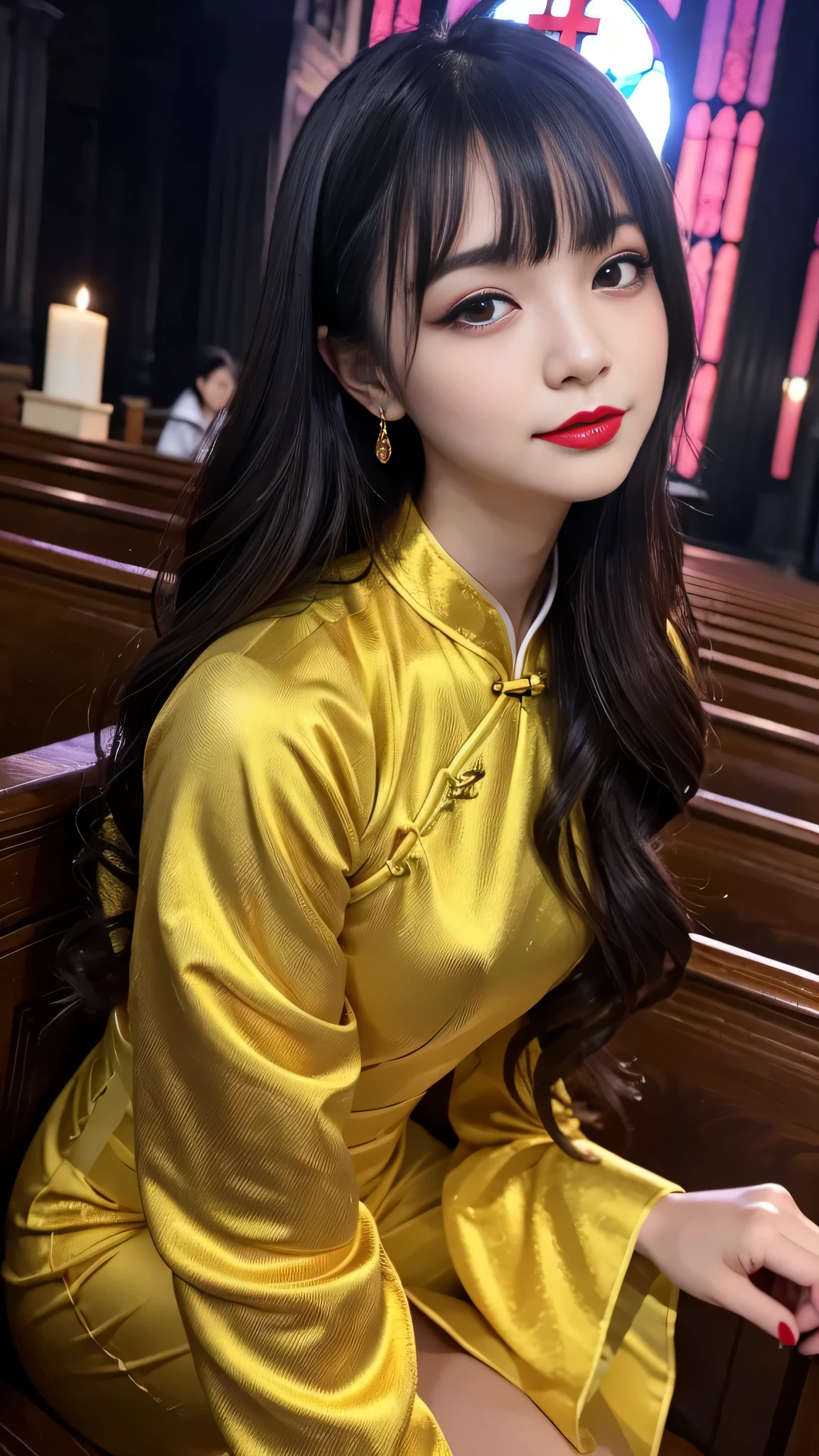 tra-detailed、2people、japanese people、attractive beauty、Captivating large people women、pretty woman、piercing eyes、cool girl、wavy hair、swept bangs、Long Black and Gold Cheongsam、wide sleeves、Evil cadres、evil depravity、brainwash、mind control、lipstick、have、lip gloss、dark makeup、smirk、Evil expression、evil、hollow eyes,half-closed eyes、empty eyes、evil、church at night、vampire、succubus、vampire、Swear allegiance、sexy pose