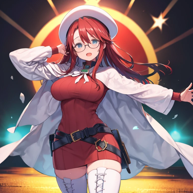 masterpiece, highest quality、Medium wide shot、cowboy shot、1. A woman with beautiful eyes、(aty, long hair, blue eyes, red hair、hair between eyes)、(long hair, thighhighs, hat, dress, boots, glasses, belt, cape, sweater, zettai ryouiki, beret, thigh boots, white footwear, ribbed sweater, loose belt)、((big breasts、huge breastature woman、Dancing on stage、Vibrant、Laughing with open mouth、Colorful spotlights in red, blue, yellow and green、Decisive pose、((Sweat))、swaying chest、hands on head、