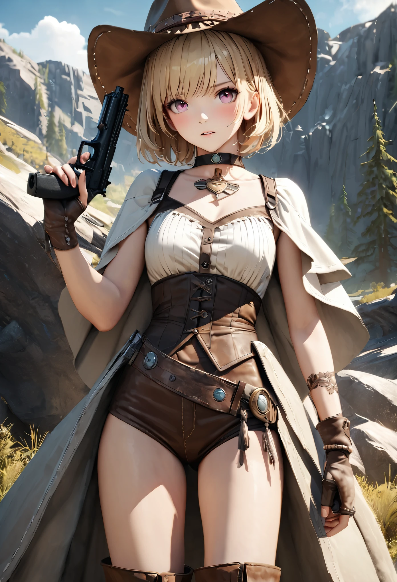 masterpiece,highest quality, Super detailed, High resolution, expensive resolution, HDR, 4k, 8K, unity 8k wallpaper, Super detailed CG, masterpiece, realistic, 2D, 3D, beautiful details, depth, fine texture , super fine: 1.3, Fully focused, Crispy.skin, .he,
Very cute anime girl 、Desolate wilderness、cowboy style costume、cowboy hat、cowboy boots、hand gun、mexican wilderness、duel、Standing with a hand gun、blonde short hair wearing expensive , one girl、alone, blonde short hair, cowboy style、cowboy hat、hand gun、duel、cowboy bootole under the eye, looking at the viewer , expensive , blush, mole, parted lips, hair ornaments, heart, pink eyes, choker