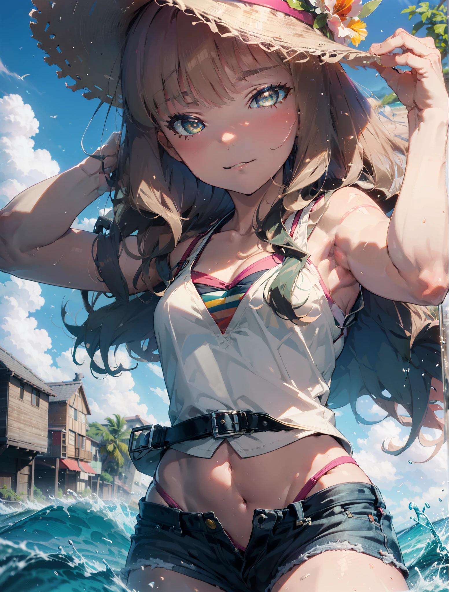 Tropical Dream Bud,Tropical Dream Bud　sss Dynazenon ,brown hair,long hair,green eyes,big straw hat,smile,blush,hibiscus hair ornament,blue bikini swimsuit,barefoot,ビーチのsandy beachを散歩しながら,Sky blue hair fluttering in the wind,(cowboy shot:1. 5)
rest outdoors, sandy beach,seaside, (masterpiece:1.2), highest quality, High resolution, unity 8k wallpaper, (shape:0.8), (thin and beautiful eyes:1.6), highly detailed face, perfect lighting, Very detailed CG, (perfect hands, perfect ???????),