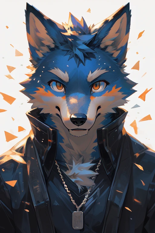 (masterpiece,highest quality,super detailed,perfect anatomy),kemono,white background,particles of light,sharp focus,by null-ghost,alone,anthro,muscular ,cute,fox,looking at the viewer,fine eyes,naked,dog tag,cyber-,black background,thunder
