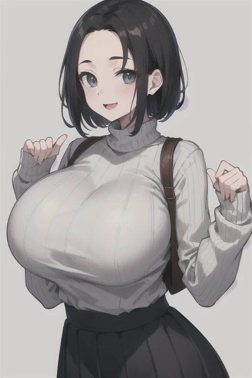 highest quality, (masterpiece:1.2),
alone,open your mouth、 smile,40 year old Japanese woman with black hair、handsome short hair、mother、part your bangs in the middle、I can see the forehead, (huge )
(White tight knit、vertical sweater、gray long skirt)
Are standing, looking at the viewer,I can see the whole body、from the front