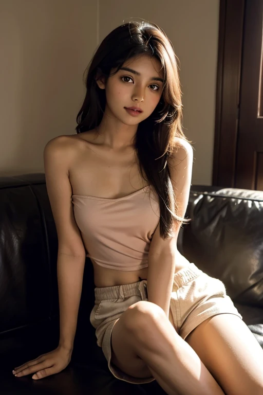1 indian girl,sitting on a cozy couch,crossing legs,soft light, wearing shorts,  shoulder