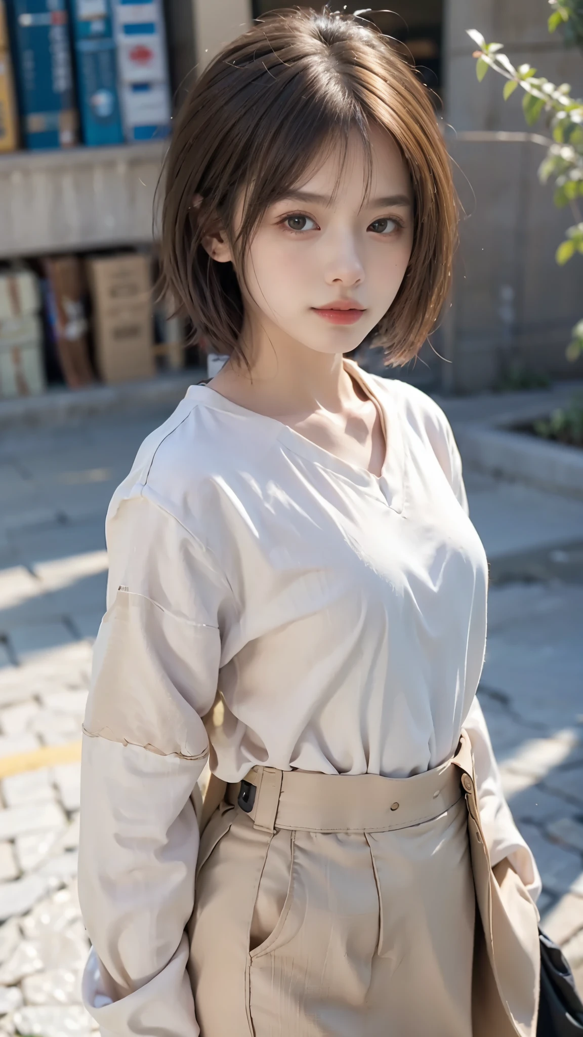 light brown hair、brown hair、hair between eyes、hair behind the ear、short hair、white shirt、uniform、front、negative space、Lens flare、Bokeh、 wide angle、超wide angle、f/1.8、35mm、realism、Depth of the bounds written、futuristic、UHD、retina、masterpiece、correct、anatomically correct、textured skin、super detail、high detail、high quality、 最high quality、High resolution、8K、cyber punk