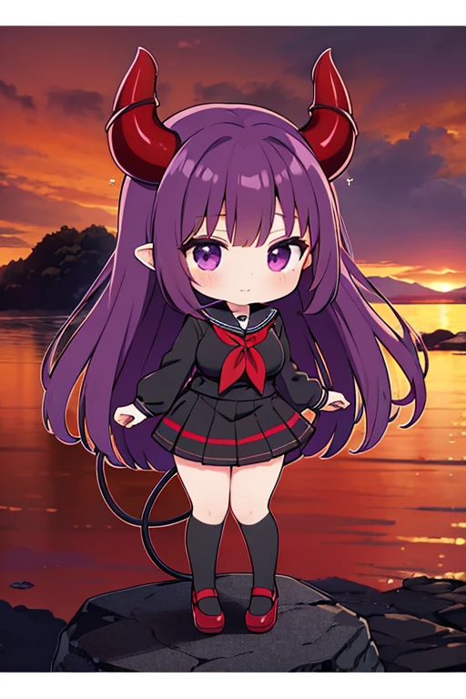 1 woman,grean back ground,red hear,long hear,purple eyes,devil horns,devil wings,big breasts,,devil's tail, short skirt,standing,full body,sailor suit,high resolution,Landscape, black socks,long sleeve,anime,chibi