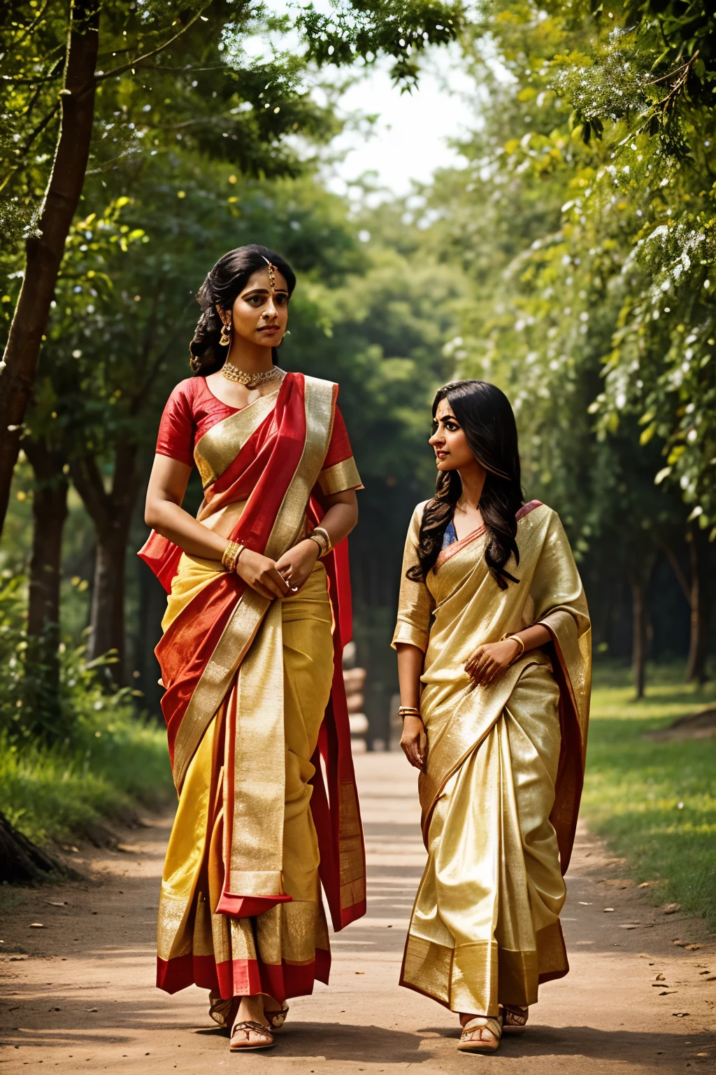 Indian Woman Duo: A Realistic comparison of Heights

Two captivating Indian women, one tall and statuesque, the other  and diminutive, engage in a playful comparison of heights within the soft, natural light of an enchanting afternoon. Their outfits, traditional yet contemporary, add vibrancy to the scene, reflecting the rich culture that surrounds them.

The taller woman, adorned in elegant silk saree, her golden brown skin glowing in the dappled sunlight, gazes down at the shorter woman, who is dressed in a charming cotton salwar kameez. Her dark eyes, brimming with warmth and curiosity, convey a