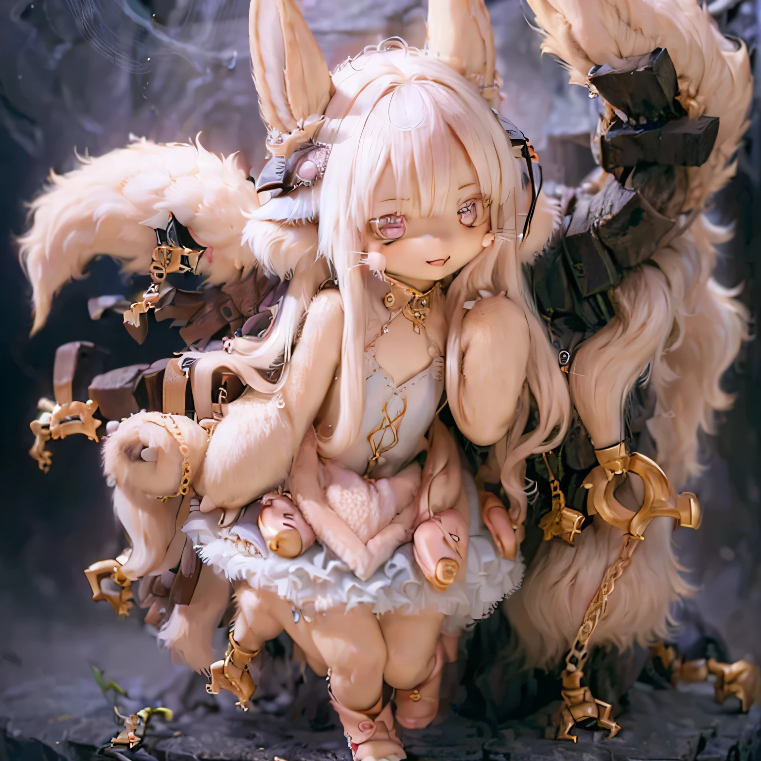 in the garden, smiling girl, Similar to Nanachi from Made in Abyss. she is beautiful, fine eyes and lips. The girl is (((chibi style,))) . Image quality is top quality, With highly detailed and realistic features. The artwork medium is a combination of illustration and photorealistic rendering.. The colors are vivid、The lighting creates a warm and cheerful atmosphere。Casual full body(((((Cute pink dress)))))contrasting