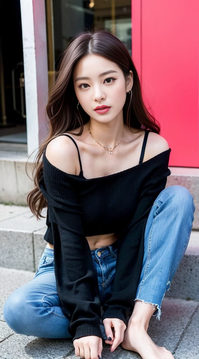 dark brown hair、light brown eyes、Japanese actress face、 lady、I&#39;I like him and I&#39;I&#39;I am about 40 years old.、(intricate details:1.2)、(which one is the top?:1.4)、 (ultra high resolution:1.2)、ultra high resolution、(finely tuned)、(detailed facial features)、nffsw、8K resolution、D cup size breasts、long hair、luxurious space、relax、、,full body photo、head to toe shot、beautiful feet、red crop top、denim pants、black pink　jenny fashion、Street fashion、beautiful feet、she, center of fashion, extreme details, very detailed, realistic, hourglass body, obscene pose,raise your chin slightly、black pink　Jenny&#39;s expression、black pink　Jenny&#39;s pose、pose that bends the neck、Carry a chain bag over your shoulder、chanel costume、Sit on the stylish steps of the street、