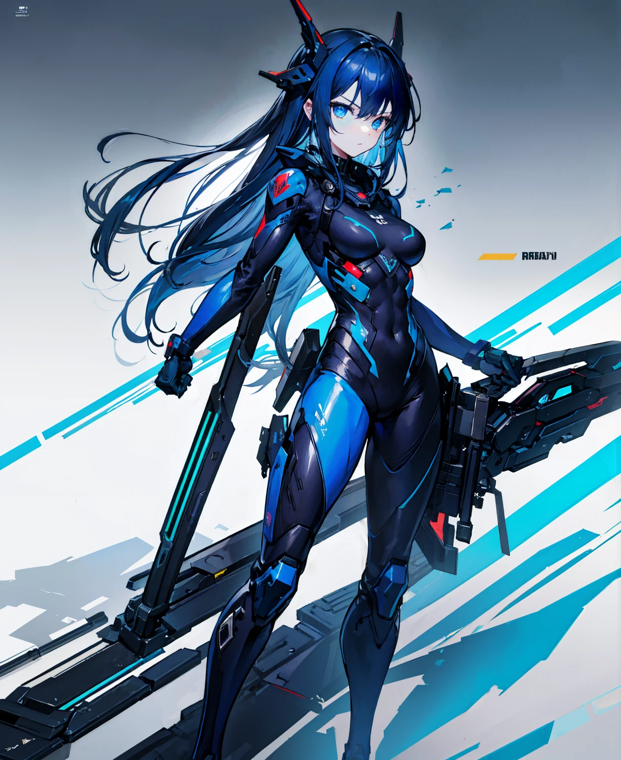 no background,girl,carry a firearm,Enamel-like tight suit,use of firearms,dark blue long hair,attention arousal,blue colored eyes,no gradation