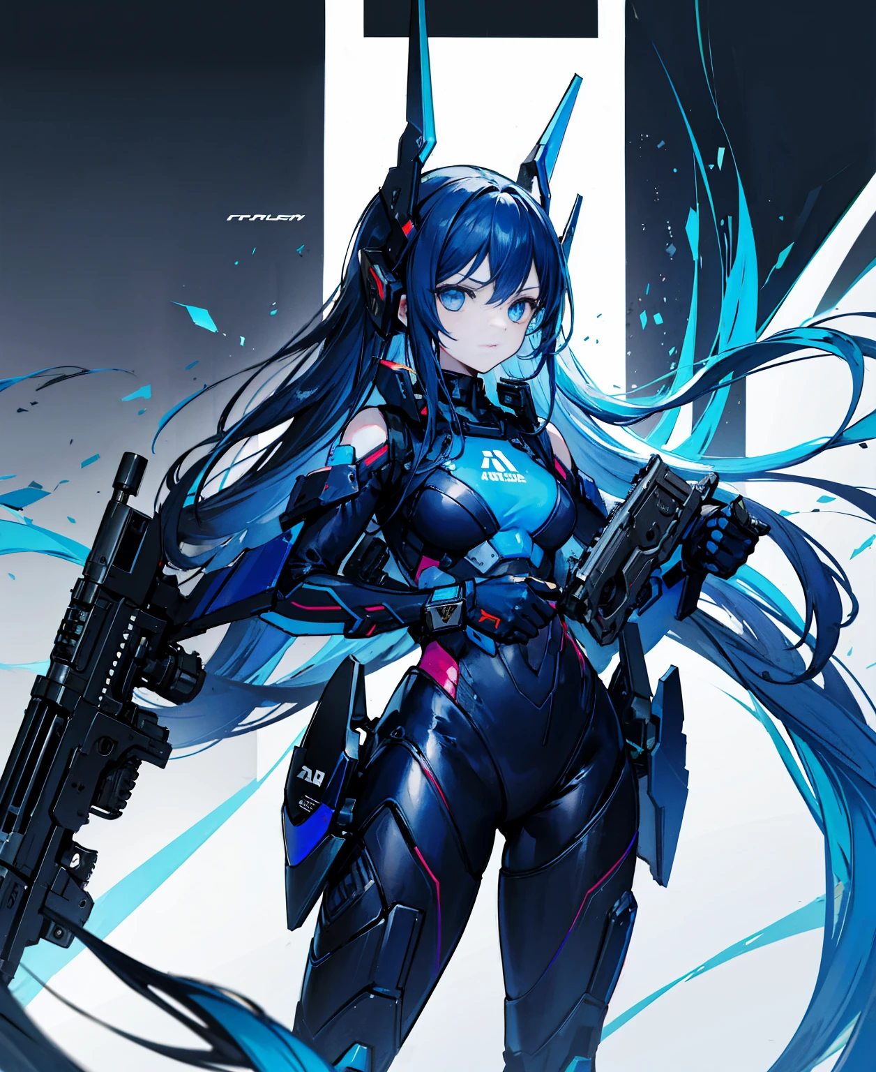 no background，girl，carry a firearm，Enamel-like tight suit，use of firearms，dark blue long hair，attention arousal，blue colored eyes,no gradation