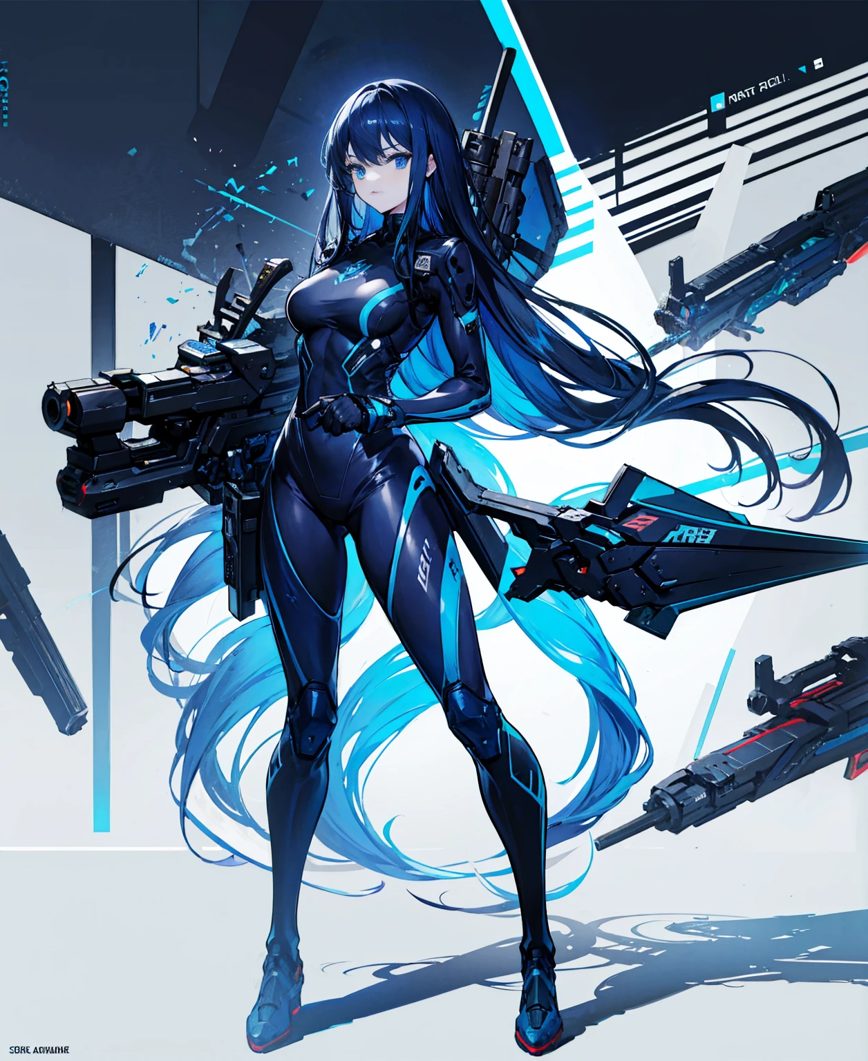 no background,girl,carry a firearm,Enamel-like tight suit,use of firearms,dark blue long hair,attention arousal,blue colored eyes,no gradation