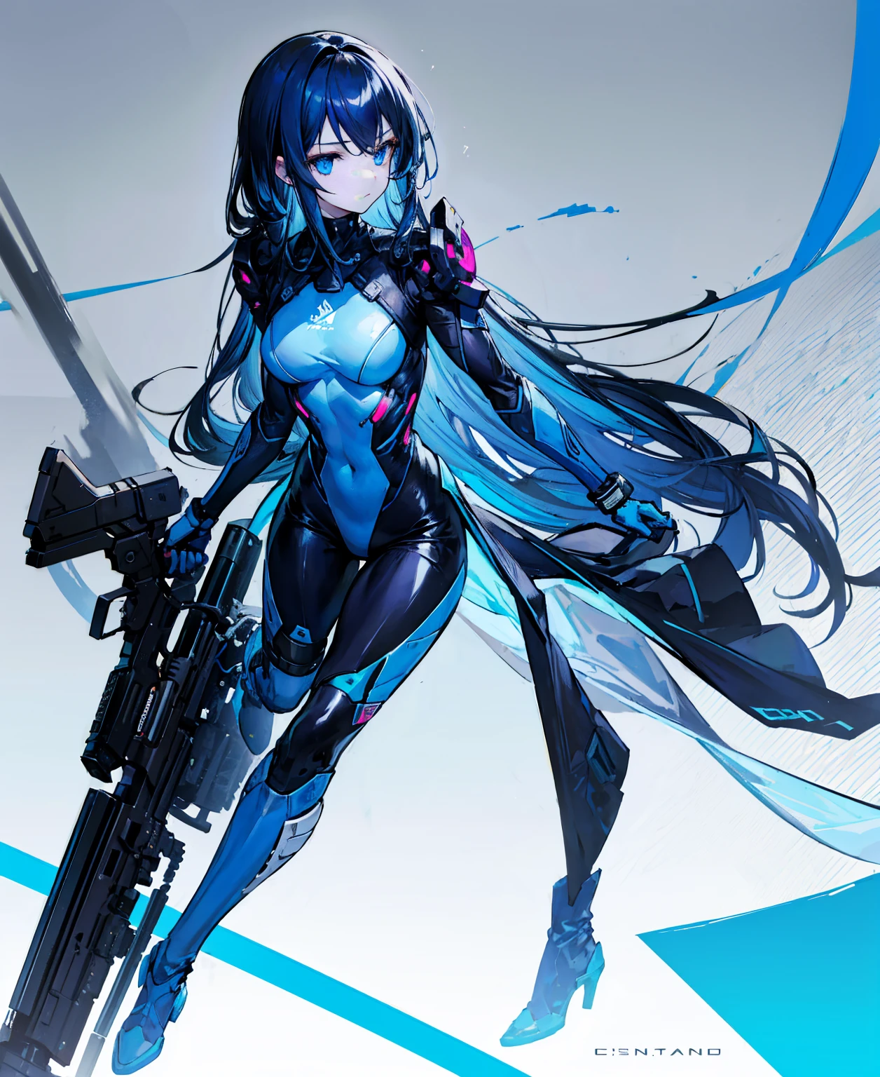 no background,girl,carry a firearm,Enamel-like tight suit,use of firearms,dark blue long hair,attention arousal,blue colored eyes,no gradation
