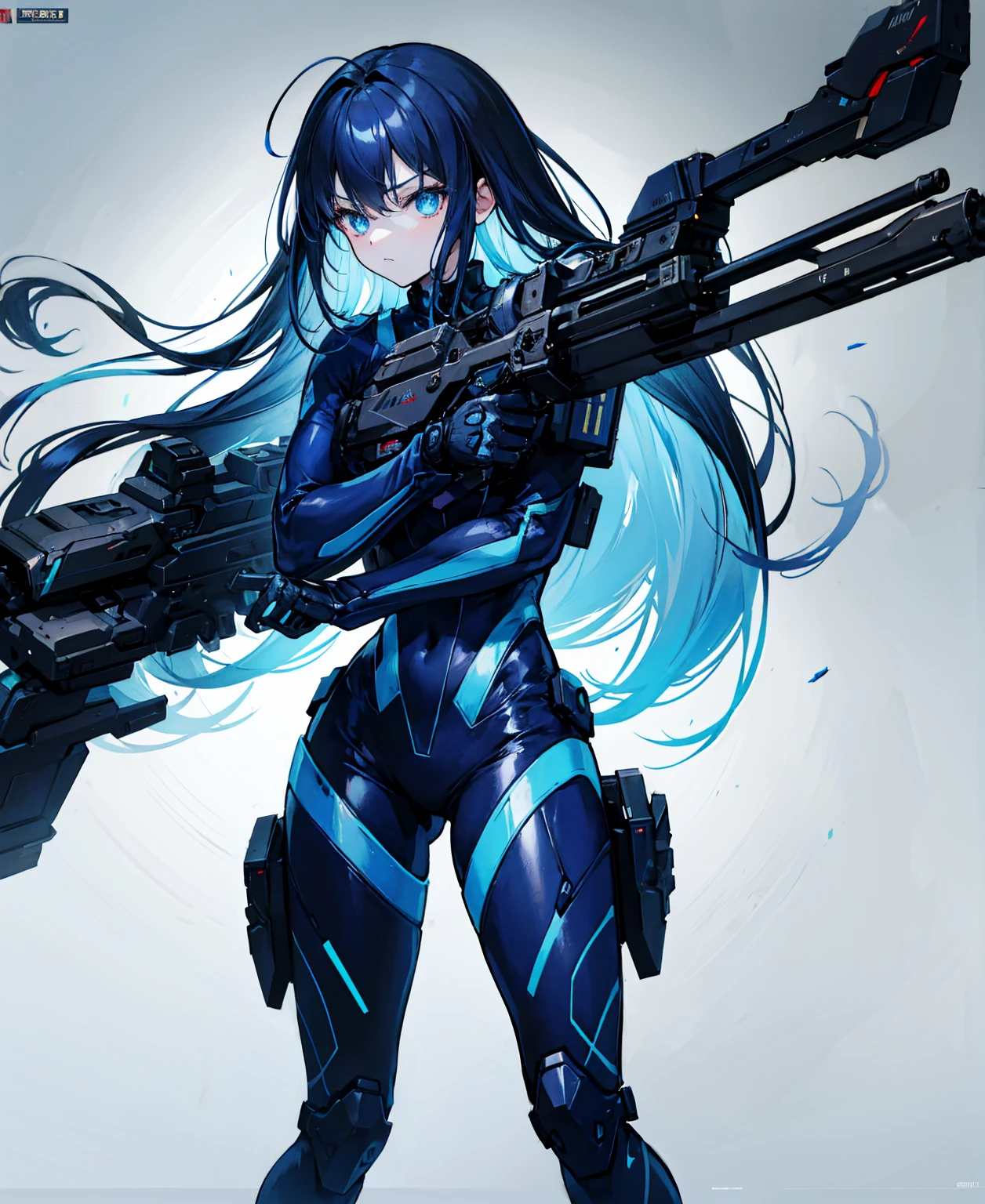 no background,girl,carry a firearm,Enamel-like tight suit,use of firearms,dark blue long hair,attention arousal,blue colored eyes,no gradation