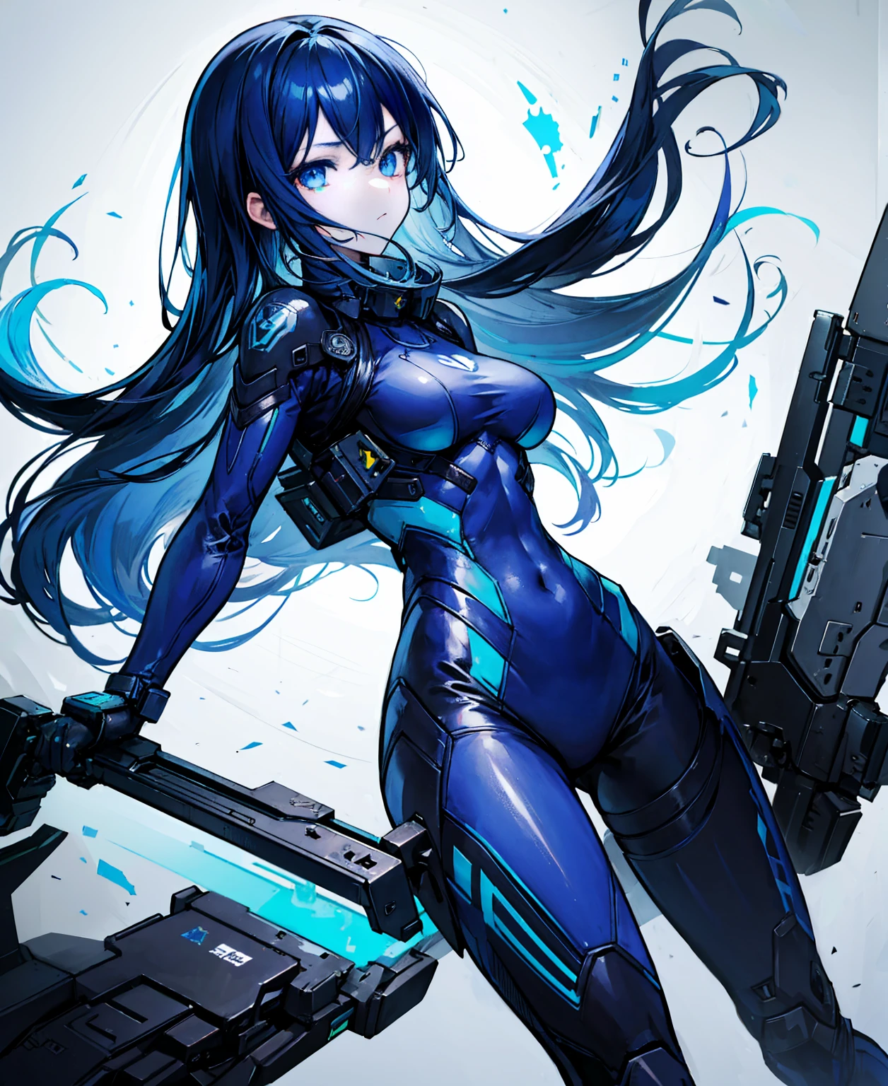 no background，girl，carry a firearm，Enamel-like tight suit，use of firearms，dark blue long hair，attention arousal，blue colored eyes,no gradation