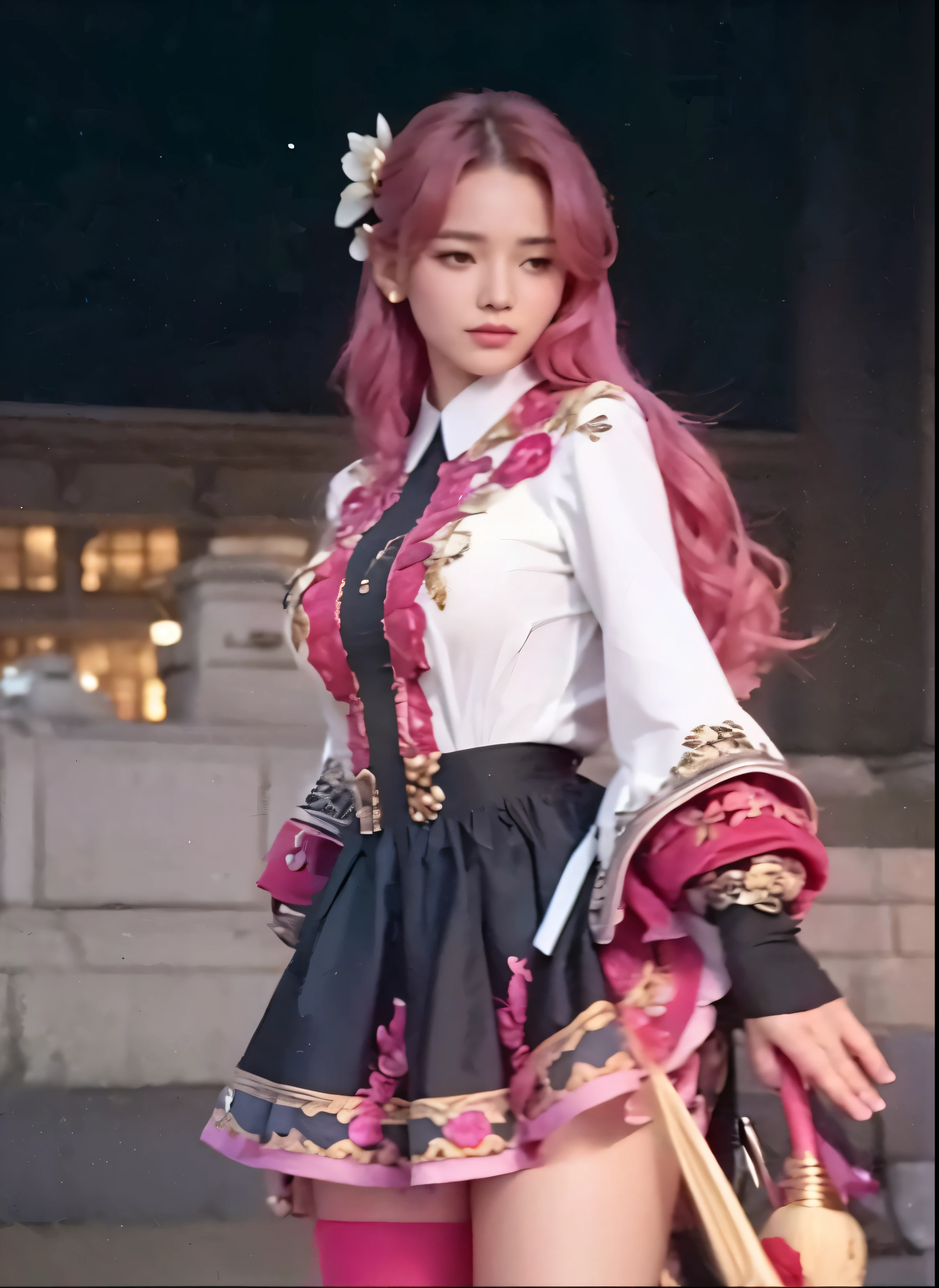 a close up of a person with an umbrella and a dress, realistic, big breast,high quality,detailed clothes