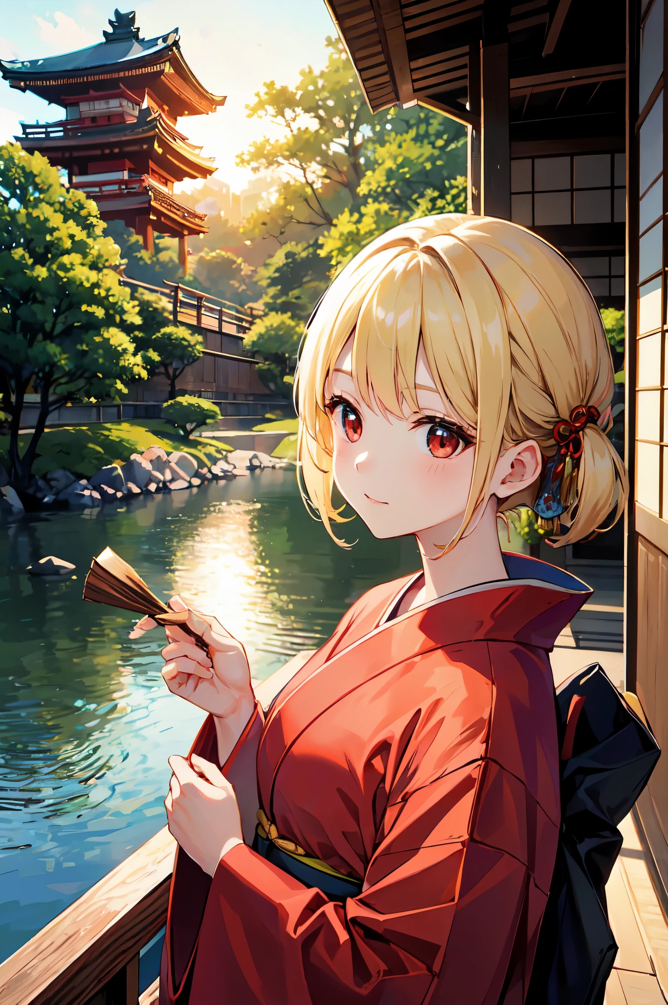 One blonde girl、red eyes、kimono、sun、Kyoto、Kinkakuji Temple