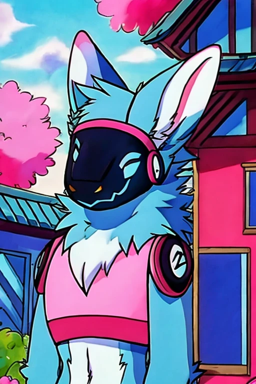 Pokemon 90's Anime Style, (((Light blue fur protogen))) , big chest, day, sexy, sensual, detailed, uploaded to e621, beautiful and detailed portrait of an anthropomorphic Light blue fur protogen, (((male ))) uploaded to e621, zaush, foxovh, movie lighting, , thicc, alone, ((submissive)) , view, muscular toned, muscles, muscular build, Japanese anime style, ((at a school in the front waiting to go in looking at the school)) : Springtime  (Japanese Anime Style)
 - delicate pinks, sunny yellows, and cheerful blues. Cherry blossom trees dot, their branches overflowing with soft pink petals that dance in the gentle breeze. the clear blue sky and fluffy white clouds. A muscular, light blue protogen sits, their metallic fur catching the dappled sunlight, a peaceful expression on their face as they bask in the warmth of the spring sun and breathe in the sweet scent of flowers. Butterflies flutter around them, adding to the scene's tranquility. Include details,  Capture the feeling of renewal and joy that comes with spring, using a vibrant and uplifting color palette. Draw inspiration from anime like Yuru Camp△ and Flying Witch, or spring scenes from Studio Ghibli films like Ponyo and My Neighbor Totoro. ,((( light blue fur protogen))) Japanese anime style, at a school in the front waiting to go in looking at the school, in front of a Japanese school, going to school, school, 