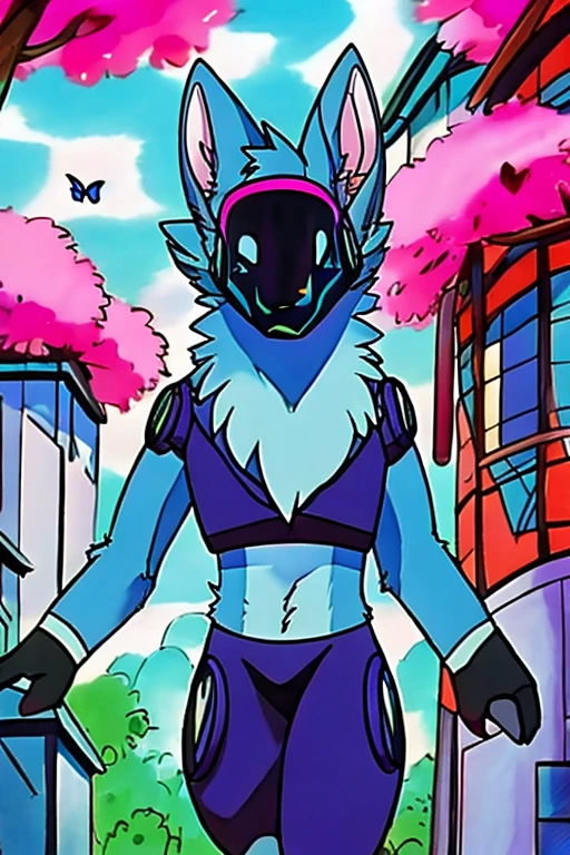 Pokemon 90's Anime Style, (((Light blue fur protogen))) , big chest, day, sexy, sensual, detailed, uploaded to e621, beautiful and detailed portrait of an anthropomorphic Light blue fur protogen, (((male ))) uploaded to e621, zaush, foxovh, movie lighting, , thicc, alone, ((submissive)) , view, muscular toned, muscles, muscular build, Japanese anime style, ((at a school in the front waiting to go in looking at the school)) : Springtime  (Japanese Anime Style)
 - delicate pinks, sunny yellows, and cheerful blues. Cherry blossom trees dot, their branches overflowing with soft pink petals that dance in the gentle breeze. the clear blue sky and fluffy white clouds. A muscular, light blue protogen sits, their metallic fur catching the dappled sunlight, a peaceful expression on their face as they bask in the warmth of the spring sun and breathe in the sweet scent of flowers. Butterflies flutter around them, adding to the scene's tranquility. Include details,  Capture the feeling of renewal and joy that comes with spring, using a vibrant and uplifting color palette. Draw inspiration from anime like Yuru Camp△ and Flying Witch, or spring scenes from Studio Ghibli films like Ponyo and My Neighbor Totoro. ,((( light blue fur protogen))) Japanese anime style, at a school in the front waiting to go in looking at the school, in front of a Japanese school, going to school, school, 