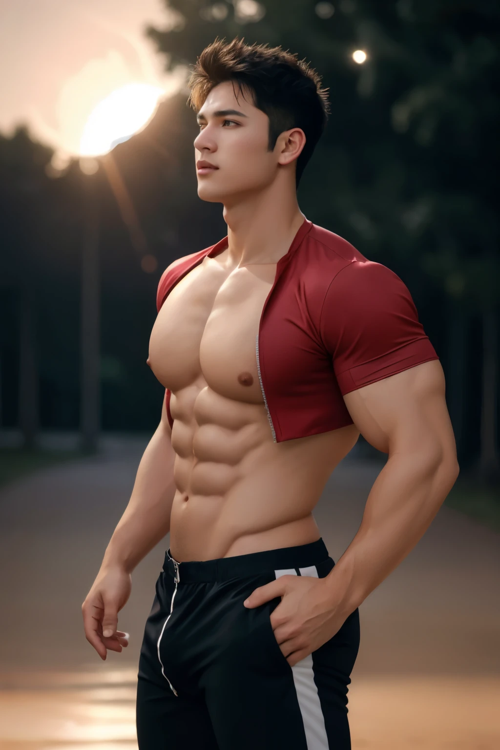 male, (standing close to solar eclipses), landscape, huge sun solar eclipses background, elegant, wearing tight clothes, open clothes, unzipped, blush, masterpiece, best quality, detailed background, depth of field, intricate details, (muscular), (large pectorals), (puffy nipples),
