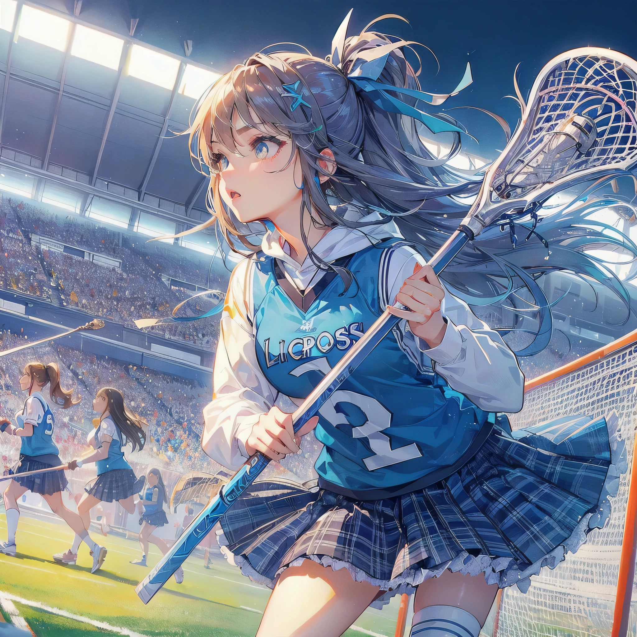 high quality,HD,16k,sharp lines,1 girl,Female lacrosse athlete ,cute face, large breasts, nice legs,At the lacrosse venue,focus girl,detailed beautiful face,detailed clothes,beautiful eyes,cool,dynamic angle