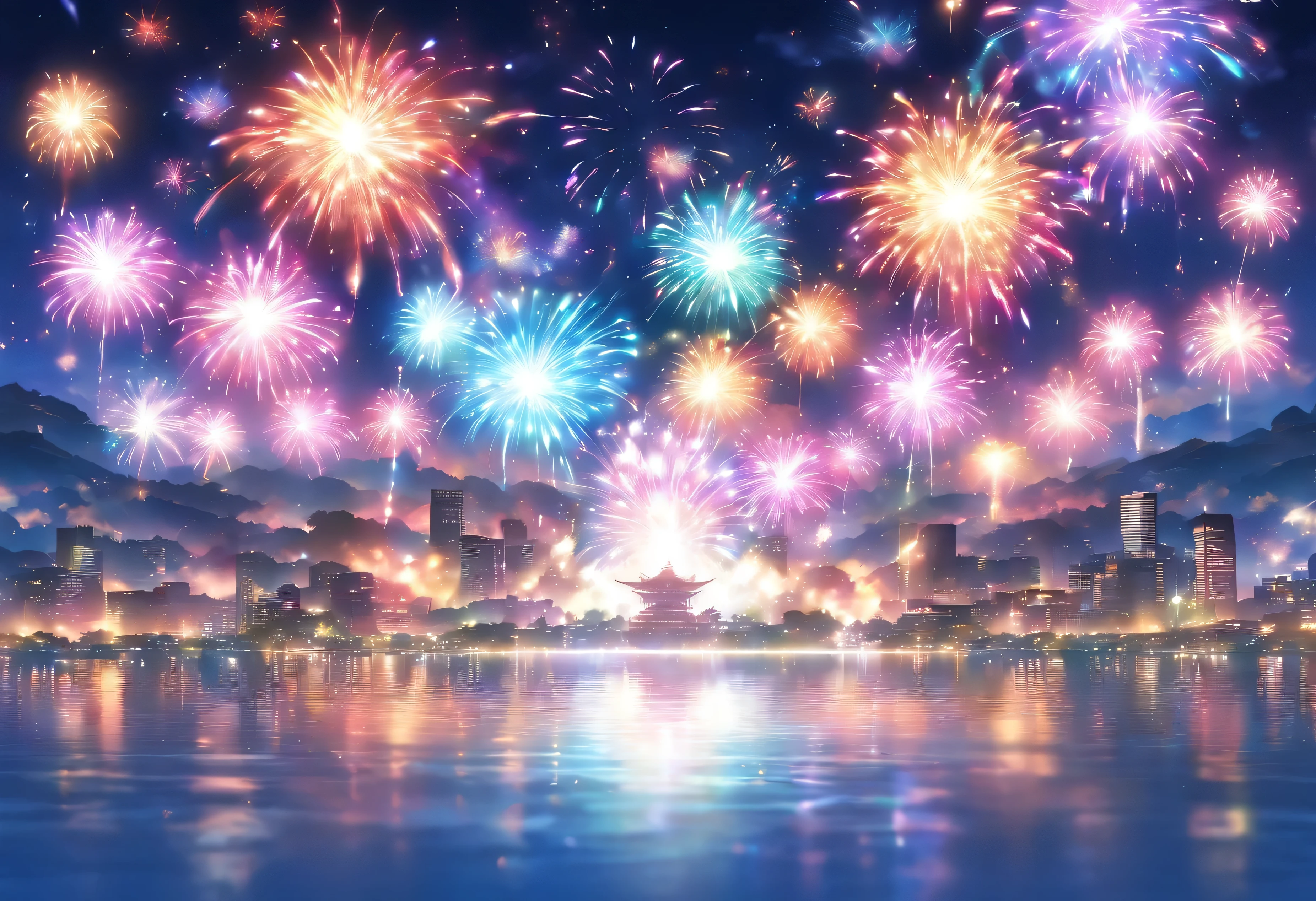 Fireworks display、National Fireworks Festival、lake、Underwater fireworks、Fireworks from the water Fireworks blooming on the water、colorful fireworks、Japan、fireworks