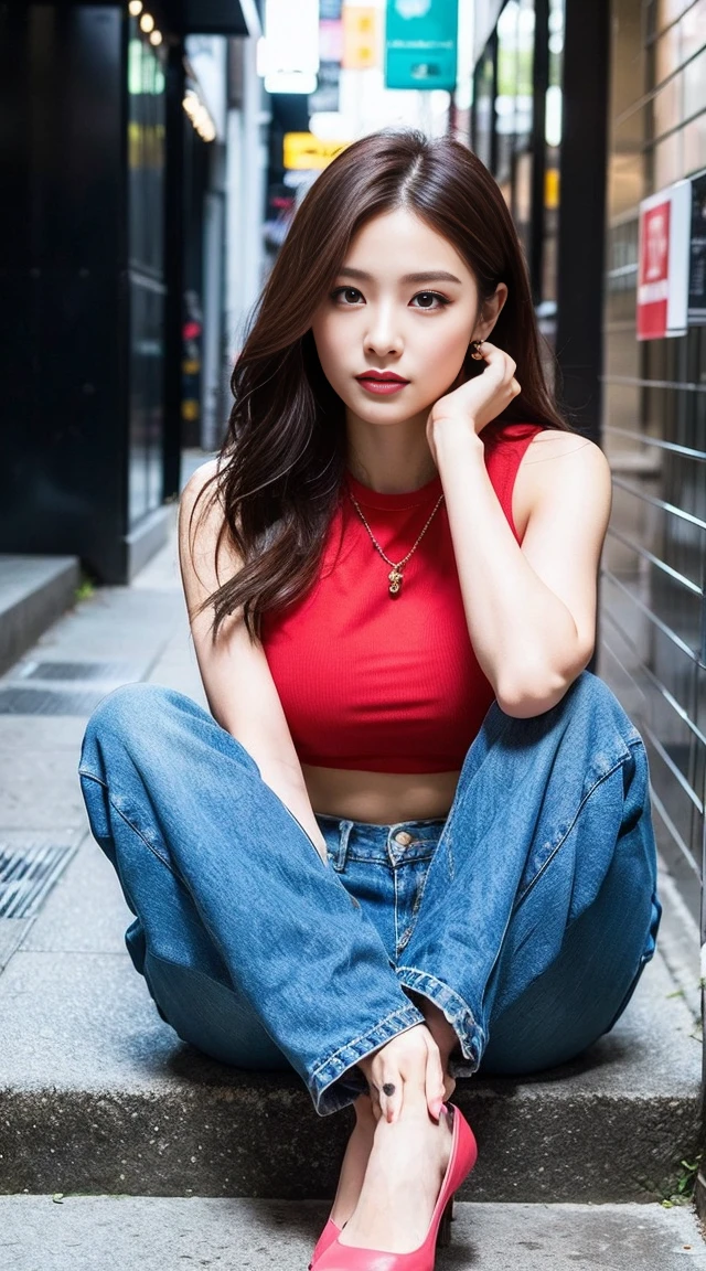 dark brown hair、light brown eyes、Japanese actress face、 lady、I&#39;I like him and I&#39;I&#39;I am about 40 years old.、(intricate details:1.2)、(which one is the top?:1.4)、 (ultra high resolution:1.2)、ultra high resolution、(finely tuned)、(detailed facial features)、nffsw、8K resolution、D cup size breasts、long hair、luxurious space、relax、、,full body photo、head to toe shot、beautiful feet、red crop top、denim pants、black pink　jenny fashion、Street fashion、beautiful feet、she, center of fashion, extreme details, very detailed, realistic, hourglass body, obscene pose,raise your chin slightly、black pink　Jenny&#39;s expression、black pink　Jenny&#39;s pose、pose that bends the neck、Carry a chain bag over your shoulder、chanel costume、Sit on the stylish steps of the street、