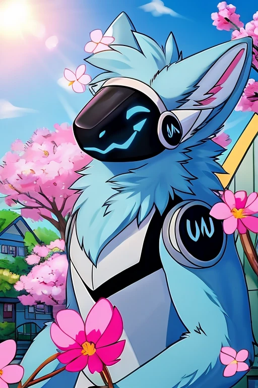 Pokemon 90's Anime Style, (((Light blue fur protogen))) , big chest, day, sexy, sensual, detailed, uploaded to e621, beautiful and detailed portrait of an anthropomorphic Light blue fur protogen, (((male ))) uploaded to e621, zaush, foxovh, movie lighting, , thicc, alone, ((submissive)) , view, muscular toned, muscles, muscular build, Japanese anime style, ((at a school in the front waiting to go in looking at the school)) : Springtime  (Japanese Anime Style)
 - delicate pinks, sunny yellows, and cheerful blues. Cherry blossom trees dot, their branches overflowing with soft pink petals that dance in the gentle breeze. the clear blue sky and fluffy white clouds. A muscular, light blue protogen sits, their metallic fur catching the dappled sunlight, a peaceful expression on their face as they bask in the warmth of the spring sun and breathe in the sweet scent of flowers. Butterflies flutter around them, adding to the scene's tranquility. Include details,  Capture the feeling of renewal and joy that comes with spring, using a vibrant and uplifting color palette. Draw inspiration from anime like Yuru Camp△ and Flying Witch, or spring scenes from Studio Ghibli films like Ponyo and My Neighbor Totoro. ,((( light blue fur protogen))) Japanese anime style, at a school in the front waiting to go in looking at the school, in front of a Japanese school, going to school, school, 