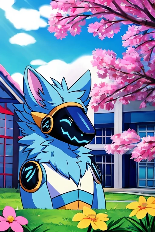 Pokemon 90's Anime Style, (((Light blue fur protogen))) , big chest, day, sexy, sensual, detailed, uploaded to e621, beautiful and detailed portrait of an anthropomorphic Light blue fur protogen, (((male ))) uploaded to e621, zaush, foxovh, movie lighting, , thicc, alone, ((submissive)) , view, muscular toned, muscles, muscular build, Japanese anime style, ((at a school in the front waiting to go in looking at the school)) : Springtime  (Japanese Anime Style)
 - delicate pinks, sunny yellows, and cheerful blues. Cherry blossom trees dot, their branches overflowing with soft pink petals that dance in the gentle breeze. the clear blue sky and fluffy white clouds. A muscular, light blue protogen sits, their metallic fur catching the dappled sunlight, a peaceful expression on their face as they bask in the warmth of the spring sun and breathe in the sweet scent of flowers. Butterflies flutter around them, adding to the scene's tranquility. Include details,  Capture the feeling of renewal and joy that comes with spring, using a vibrant and uplifting color palette. Draw inspiration from anime like Yuru Camp△ and Flying Witch, or spring scenes from Studio Ghibli films like Ponyo and My Neighbor Totoro. ,((( light blue fur protogen))) Japanese anime style, at a school in the front waiting to go in looking at the school, in front of a Japanese school, going to school, school, 