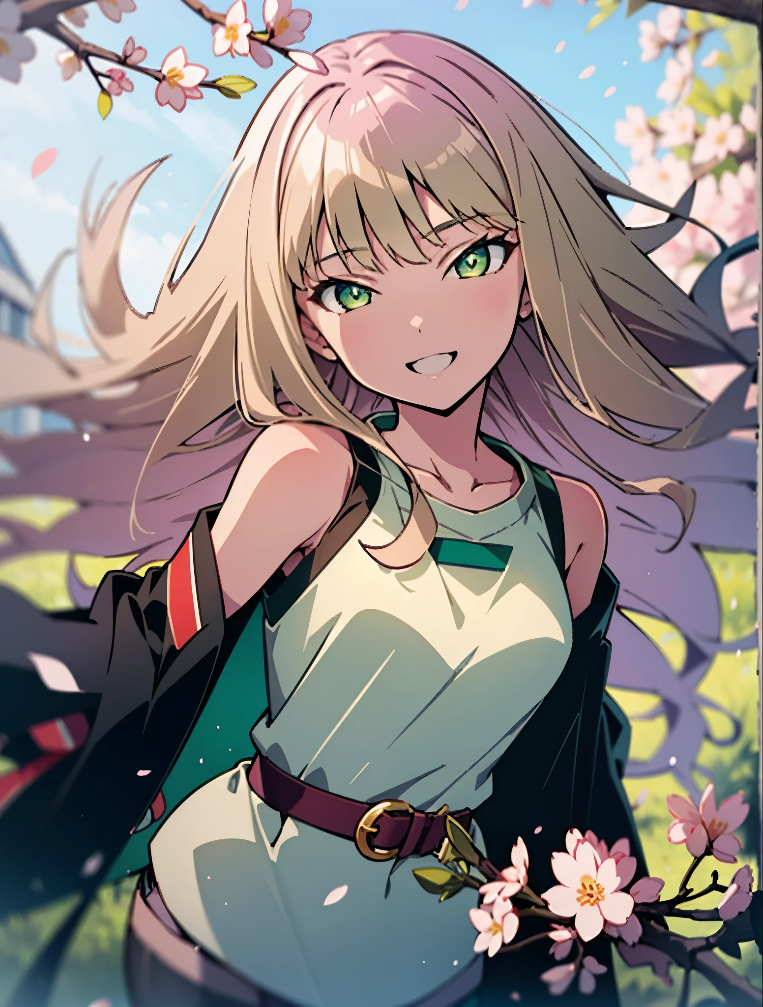Yume minami ,South Dream buds, long hair, brown hair, (Green eyes:1.5) (medium chest:1.2),happy smile, smile, open your mouth,skirt,off shoulder sweater,bare shoulders,bare clavicle,naked neck,short denim pants,black pantyhose,short boots,cherry blossoms are blooming,Cherry blossoms are scattered,Cherry blossom tree-lined path,
break looking at viewer,whole body,(cowboy shot:1. 5)
break outdoors, garden,
break (masterpiece:1.2), highest quality, High resolution, unity 8k wallpaper, (figure:0.8), (detailed and beautiful eyes:1.6), highly detailed face, perfect lighting, Very detailed CG, (perfect hands, perfect anatomy),