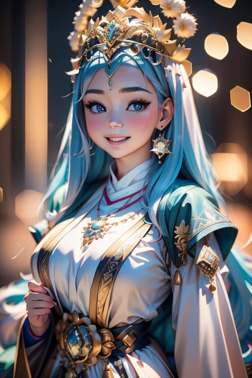 Hyper realistic, Beautiful, cute , 15 Years lolita Girl, blue eyes, wearing hijab, tiara, Rounded Breast,slightly Chubby , luxury earrings, luxury necklace, White Skin, Smiling, Dark City Background, mid shot, upper body, Perfect Potrait, Bokeh Effect, Look at Viewer, Perfect Eye, Perfect Hand, Perfect Finger, Bracelet, Ring, (breastssize:1.2), ((adorable:1.2)), ((masterpiece:1.1)), ((bokeh:1.2)),