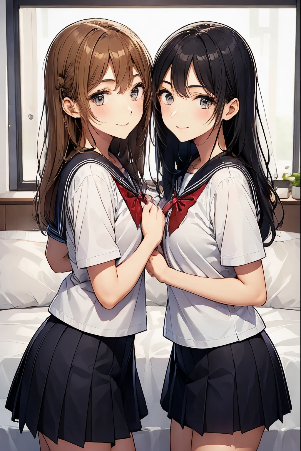 Two high school girls kissing in bed、seductive smile、