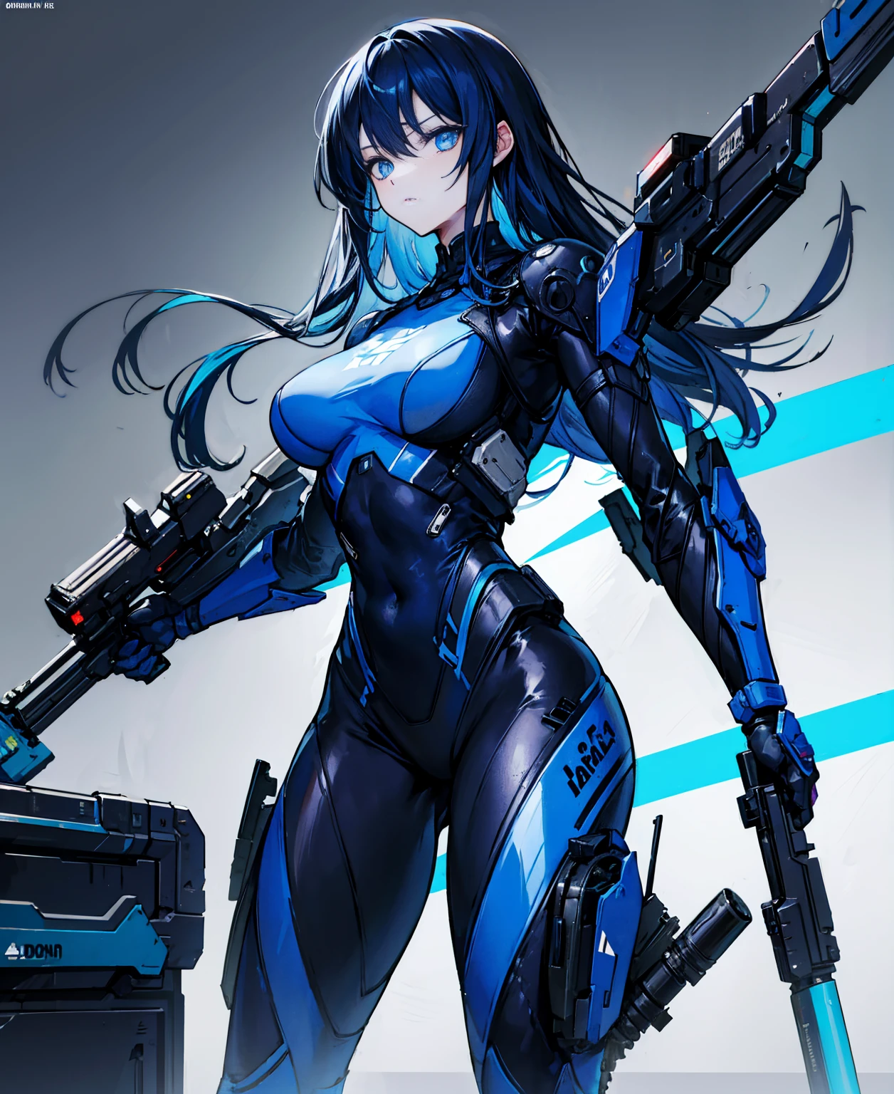no background,girl,carry a firearm,Enamel-like tight suit,use of firearms,dark blue long hair,attention arousal,blue colored eyes,no gradation