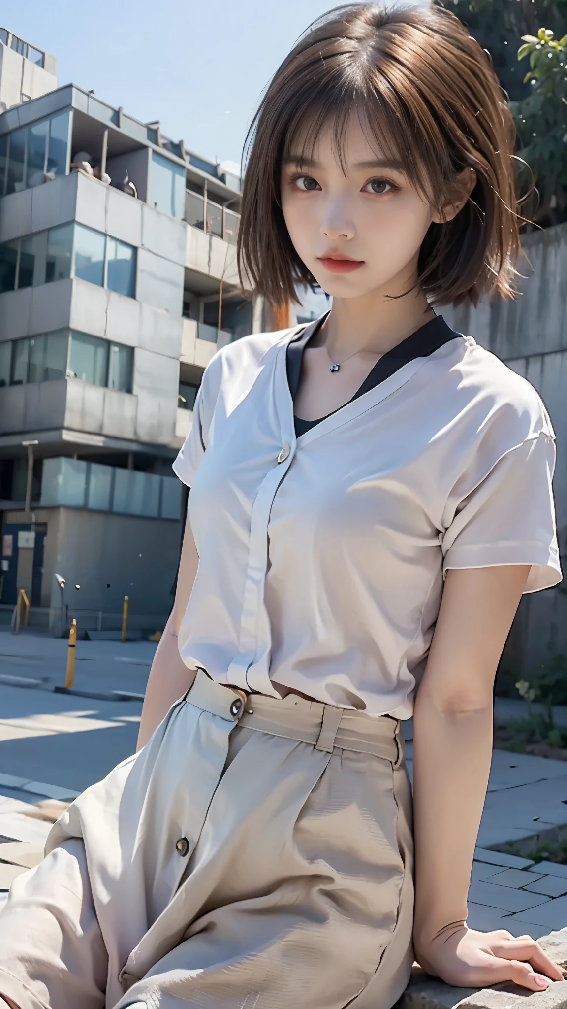 light brown hair、brown hair、hair between eyes、hair behind the ear、short hair、white shirt、uniform、front、negative space、Lens flare、Bokeh、 wide angle、超wide angle、f/1.8、35mm、realism、Depth of the bounds written、futuristic、UHD、retina、masterpiece、correct、anatomically correct、textured skin、super detail、high detail、high quality、 最high quality、High resolution、8K、cyber punk、超futuristic、Digital、on top of the building、Blowing in the wind、skirt