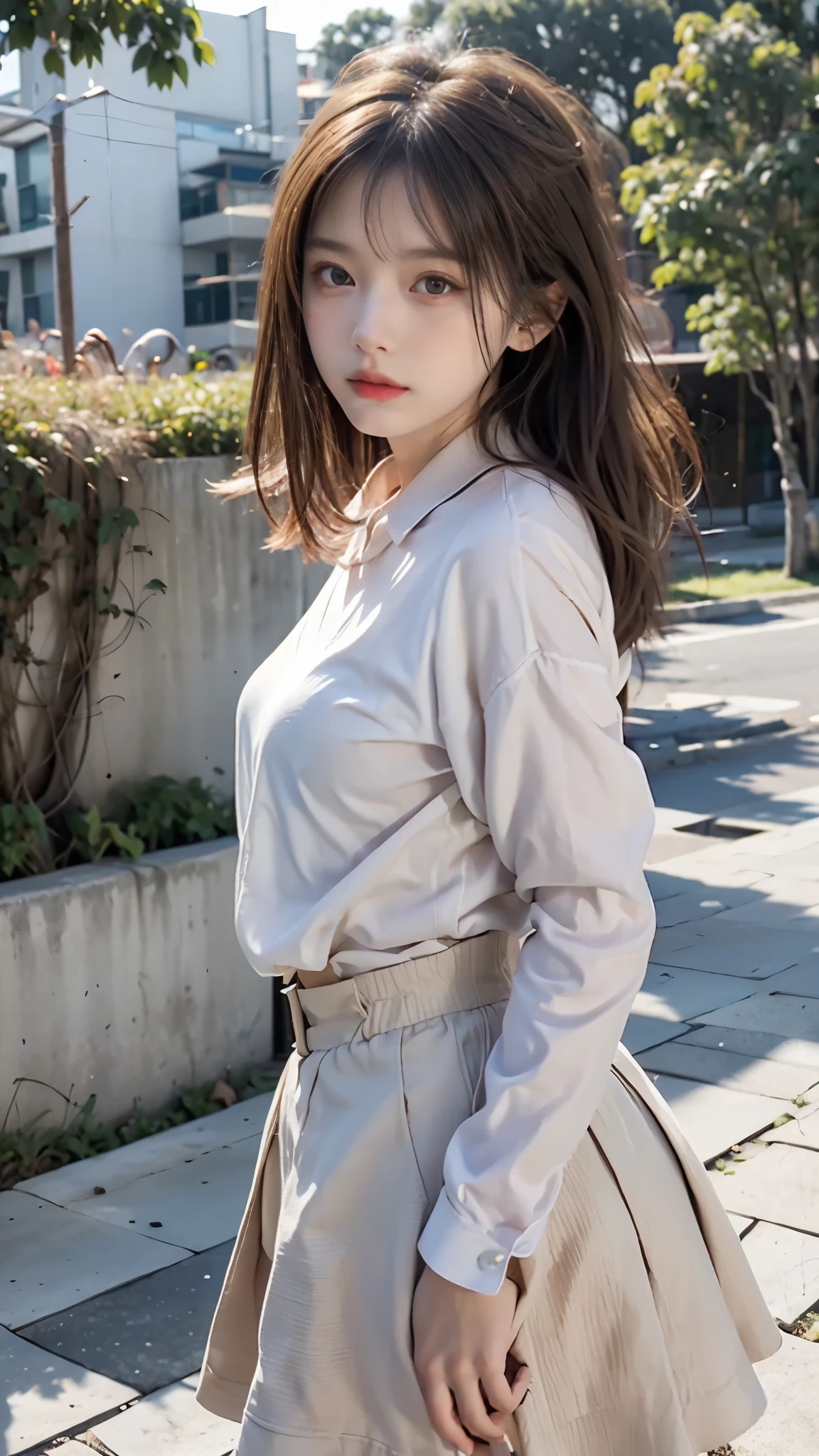light brown hair、brown hair、hair between eyes、hair behind the ear、short hair、white shirt、uniform、front、negative space、Lens flare、Bokeh、 wide angle、超wide angle、f/1.8、35mm、realism、Depth of the bounds written、futuristic、UHD、retina、masterpiece、correct、anatomically correct、textured skin、super detail、high detail、high quality、 最high quality、High resolution、8K、cyber punk、超futuristic、Digital、on top of the building、Blowing in the wind、fluttering skirt、Vlog