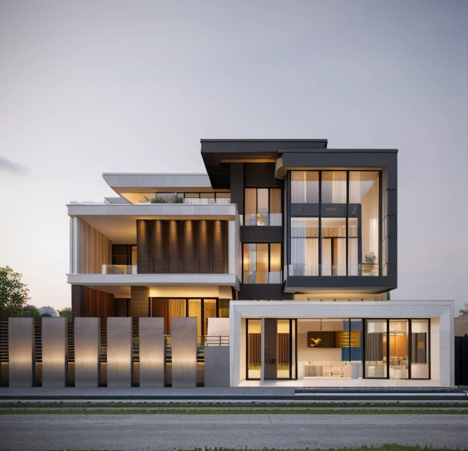 villa modern,night, Realistic, exterior, sunlight, house, RAW photo, 8k uhd, dslr, (high detailed skin:1.3), soft lighting, ultra quality, film grain, Fujifilm XT3, sharp image, best quality, authentic, hight quality,