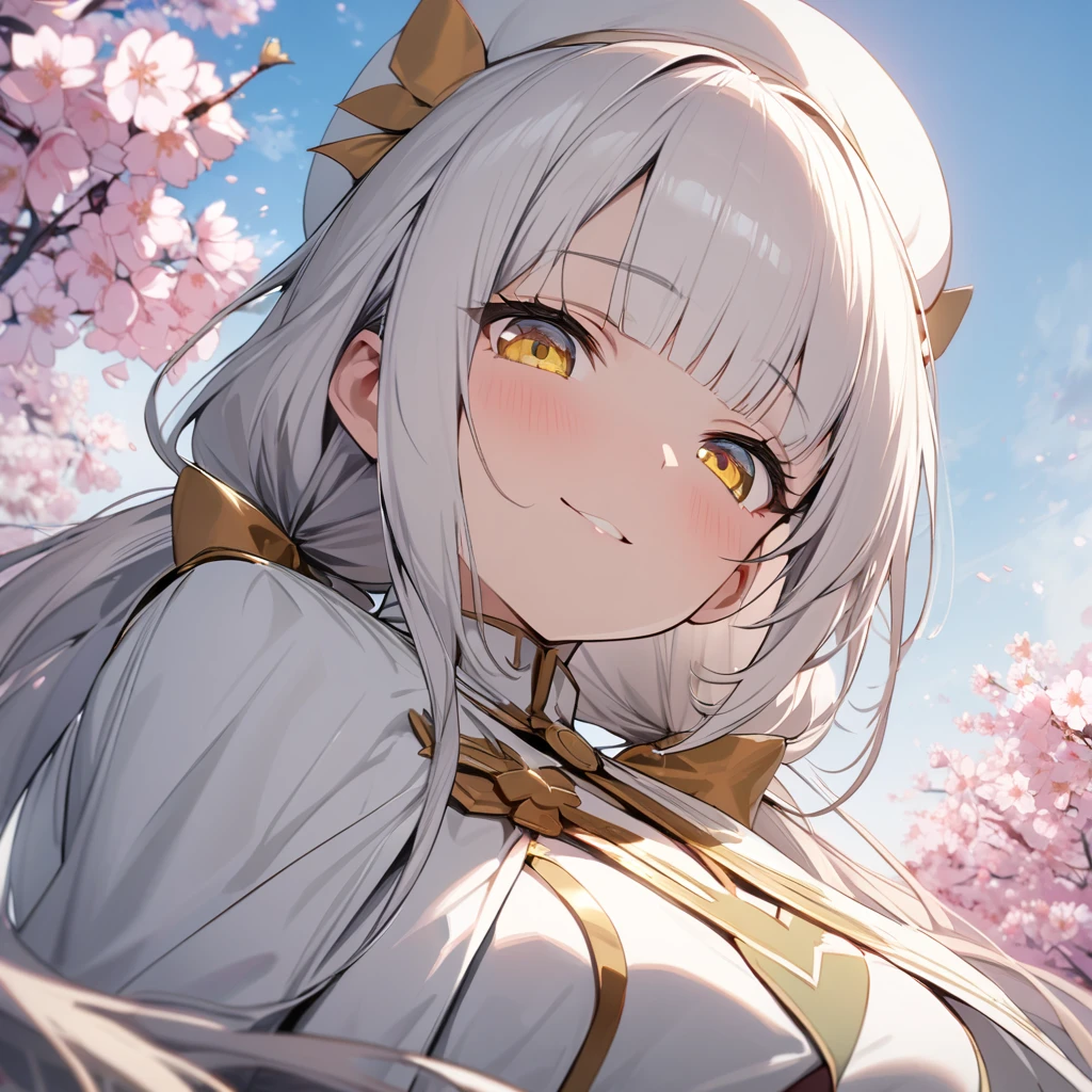 masterpiece, best quality, ultra-detailed, 1girl, , flat, magical girl, army uniform, white clothes, white cloak, white beret, white hair, very long hair, low twin tails, gold ribbon, blunt bangs, tender smile, yellow eyes, sitting, cherry blossom, looking down, looking at viewer, from below, close up of upper body, clear sky, sakura