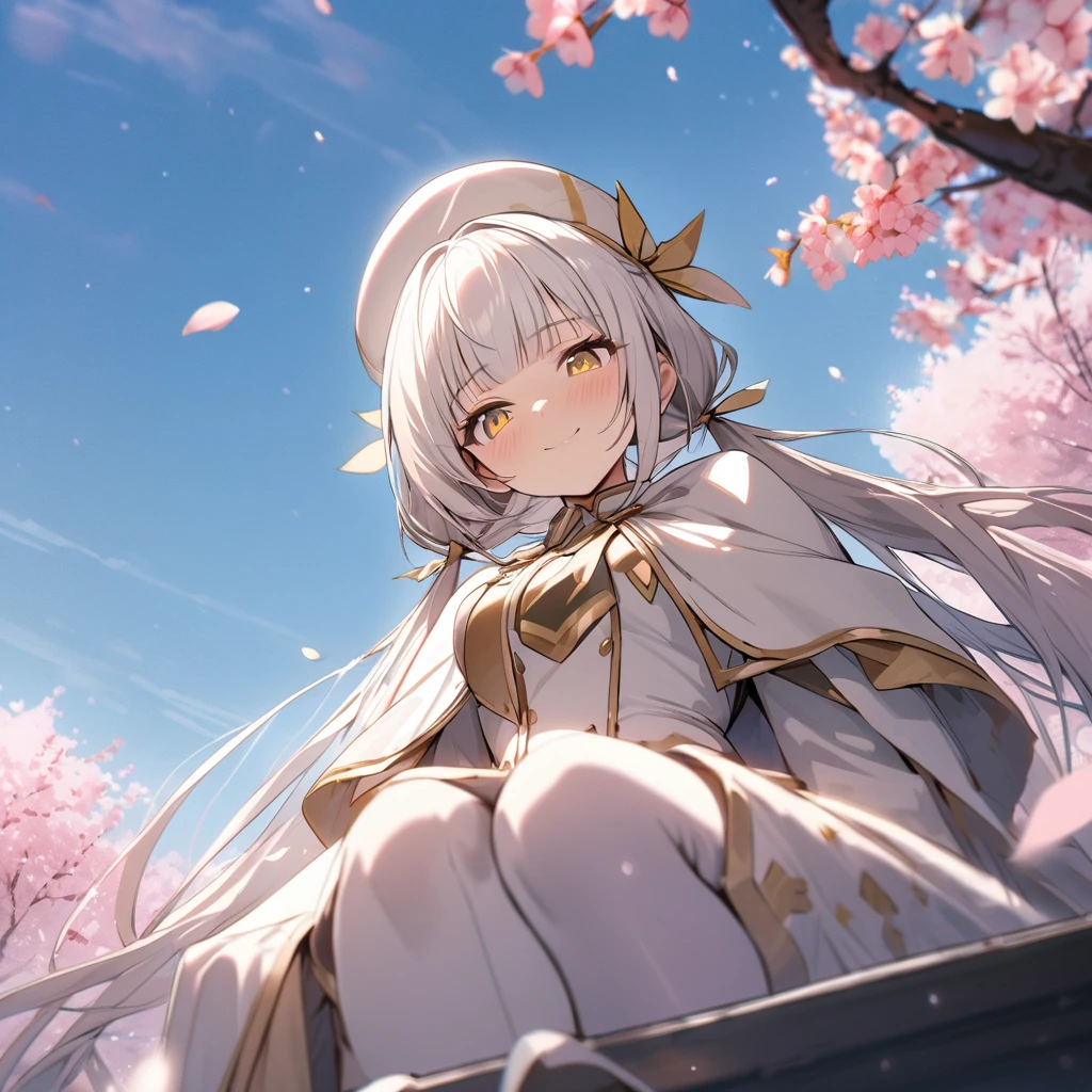 masterpiece, best quality, ultra-detailed, 1girl, , flat, magical girl, army uniform, white clothes, white cloak, white beret, white hair, very long hair, low twin tails, gold ribbon, blunt bangs, tender smile, yellow eyes, sitting, cherry blossom, looking down, looking at viewer, from below, close up of upper body, clear sky, sakura