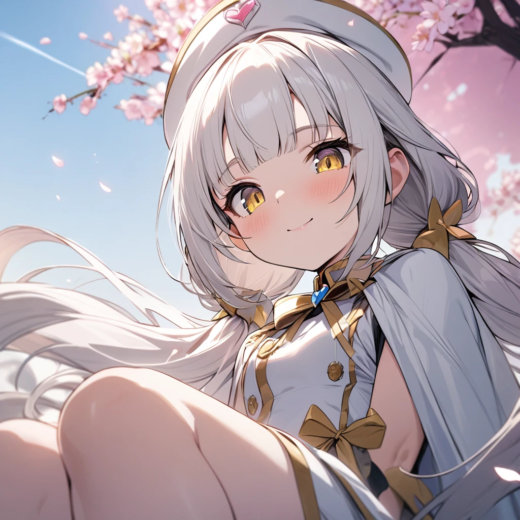 masterpiece, best quality, ultra-detailed, 1girl, , flat, magical girl, army uniform, white clothes, white cloak, white beret, white hair, very long hair, low twin tails, gold ribbon, blunt bangs, tender smile, yellow eyes, sitting, cherry blossom, looking down, looking at viewer, from below, close up of upper body, clear sky, sakura