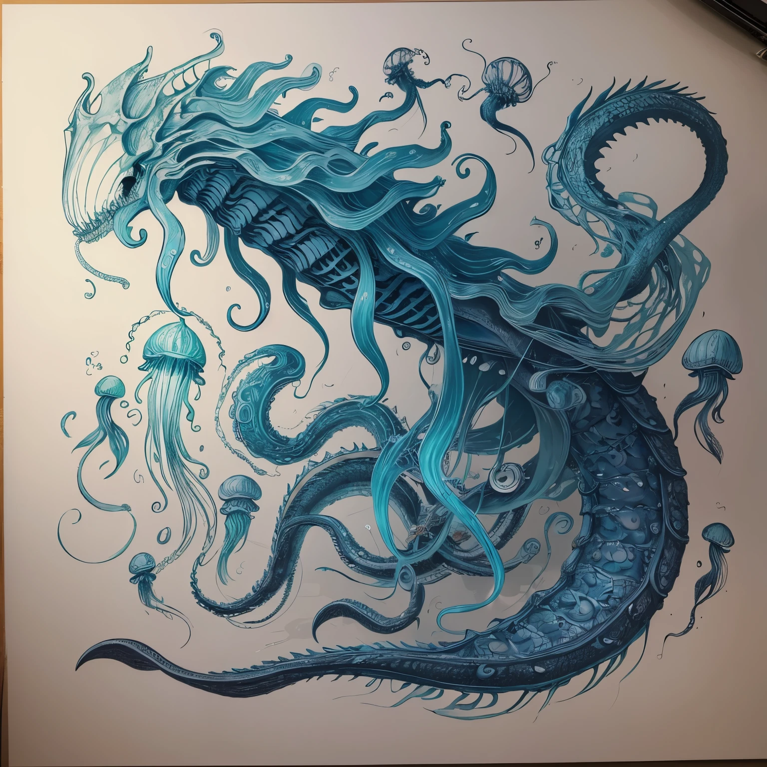 A drawing of a monster with a long tail and a long tail., Jellyfish Dragon, Doumeki's artwork, An abnormal,skeleton,Whale Dragon,Distant antiquity,draw ink, jellyfish pheonix, Detailed creatures,Drawn on paper, Detailed but general, jellyfish pheonix,tentacle, Inspired by Harutomo Katsukawa,