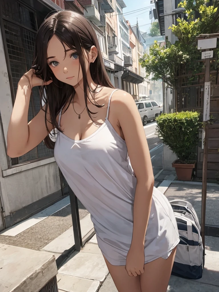 1 girl, tokyo street,night, cityscape,city lights,whole body 1.4,close,smile,, (8K, Raw photo, highest quality, masterpiece:1.2),(realistic, photo-realistic:1.37),white camisole,mini skirt,sit,panty shot,white panties,While wearing a skirt