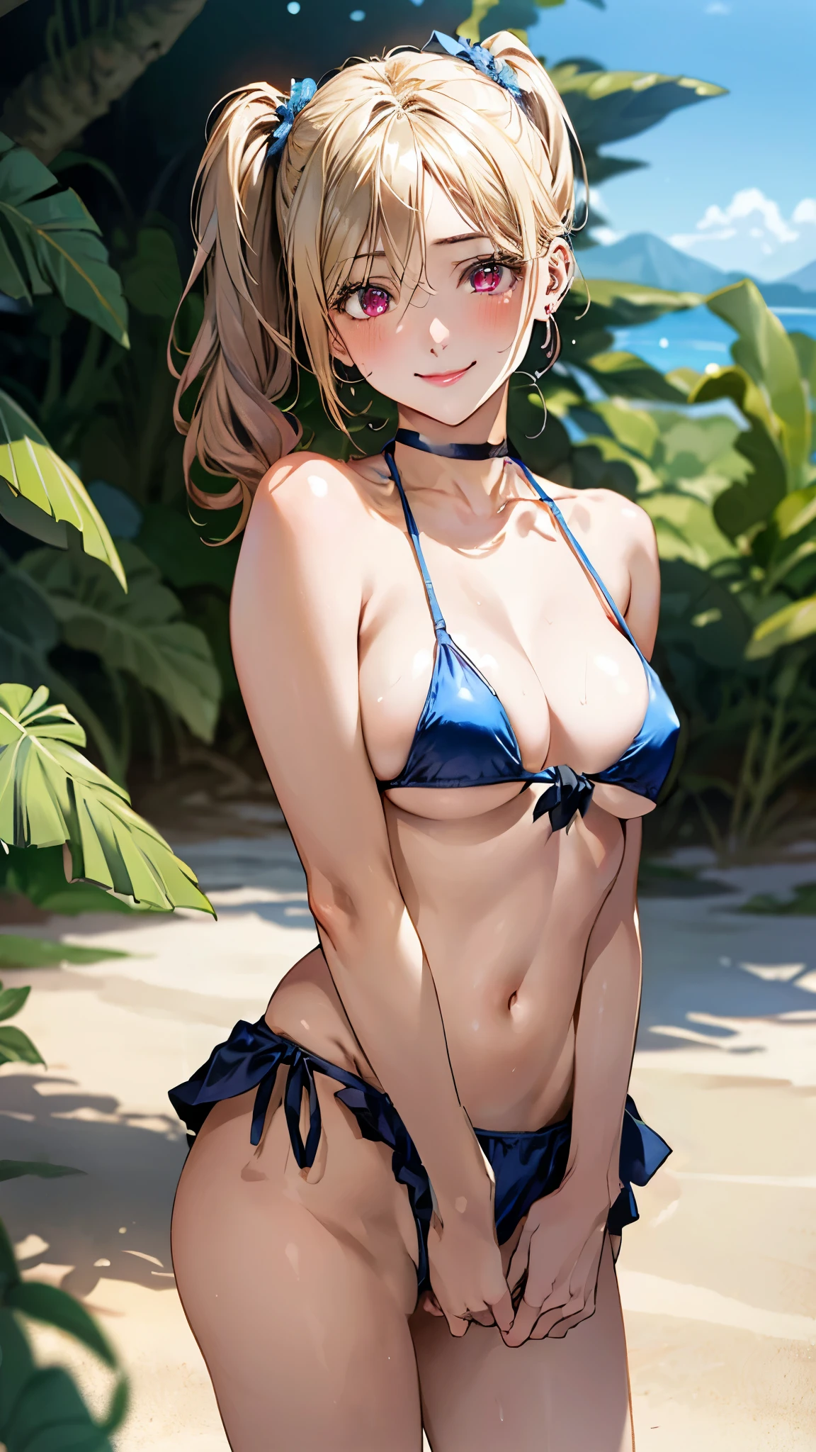 (masterpiece:1.2, top-quality), (realistic, photorealistic:1.4), beautiful illustration, (natural side lighting, movie lighting), nsfw:1.2,
looking at viewer, cowboy shot, 1 girl, japanese, gravure Idol, high school girl, perfect face, cute and symmetrical face, suntan, shiny skin, slender,
(short hair:1.2, twintail:1.2, blonde hair), parted bangs, maroon eyes, long eye lasher, (large breasts:0.6),
beautiful hair, beautiful face, beautiful detailed eyes, beautiful clavicle, beautiful body, beautiful chest, beautiful thigh, beautiful legs, beautiful fingers,
((lighht pink bikini), black choker, wrist chakra),
(beautiful scenery), tropical beaches, (extremely sexy), (lovely smile, upper eyes),