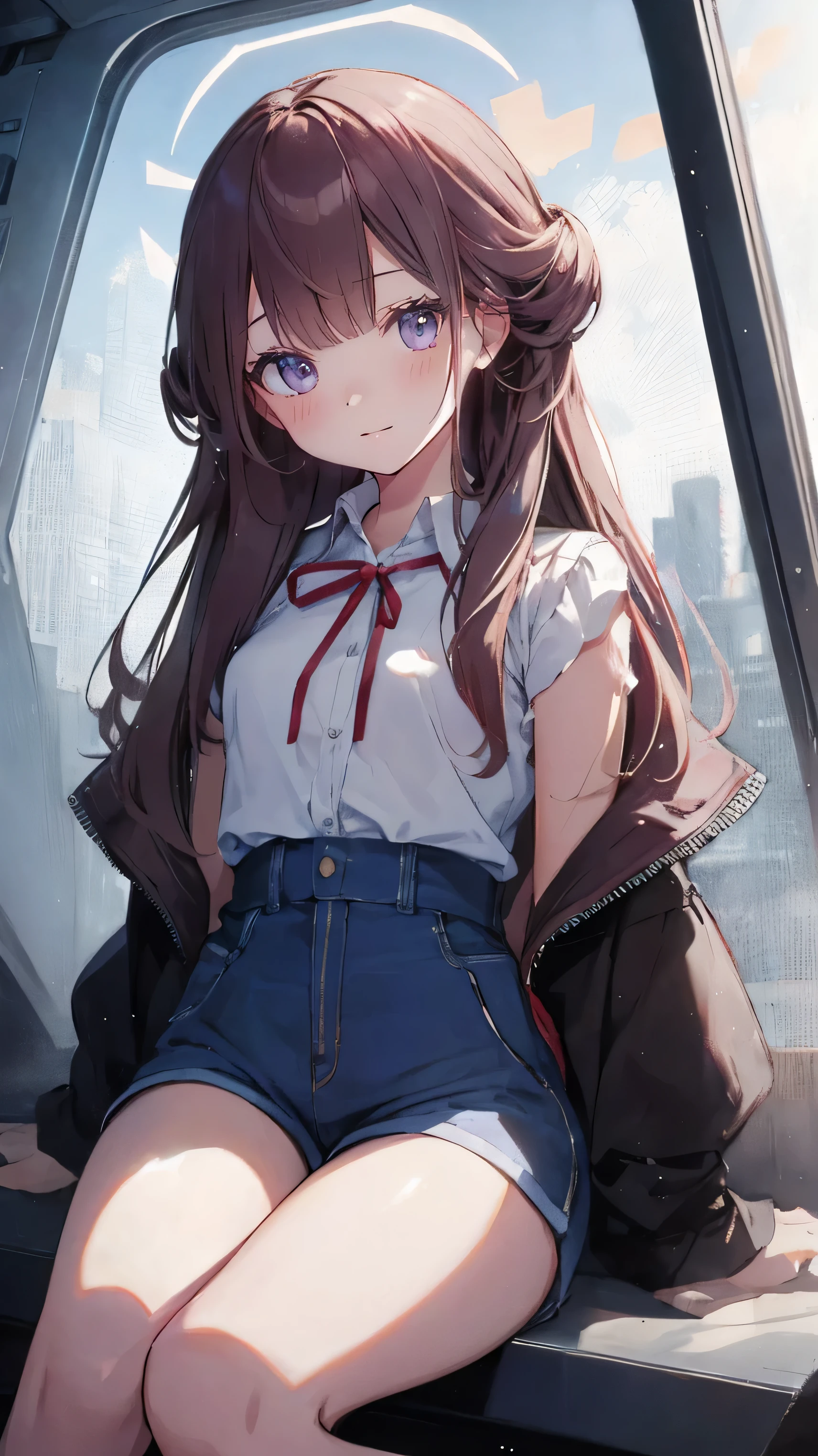 master piece、Highest image quality、highest quality、 ((panic))、glossy hair quality、small face、sitting、Super detailed and beautiful bright eyes、Super detailed clear and beautiful face、(cute illustration:1.2), High-resolution, ultra-detailed, best quality, embarrassed、(cute underwear)、(Gaps in shorts)