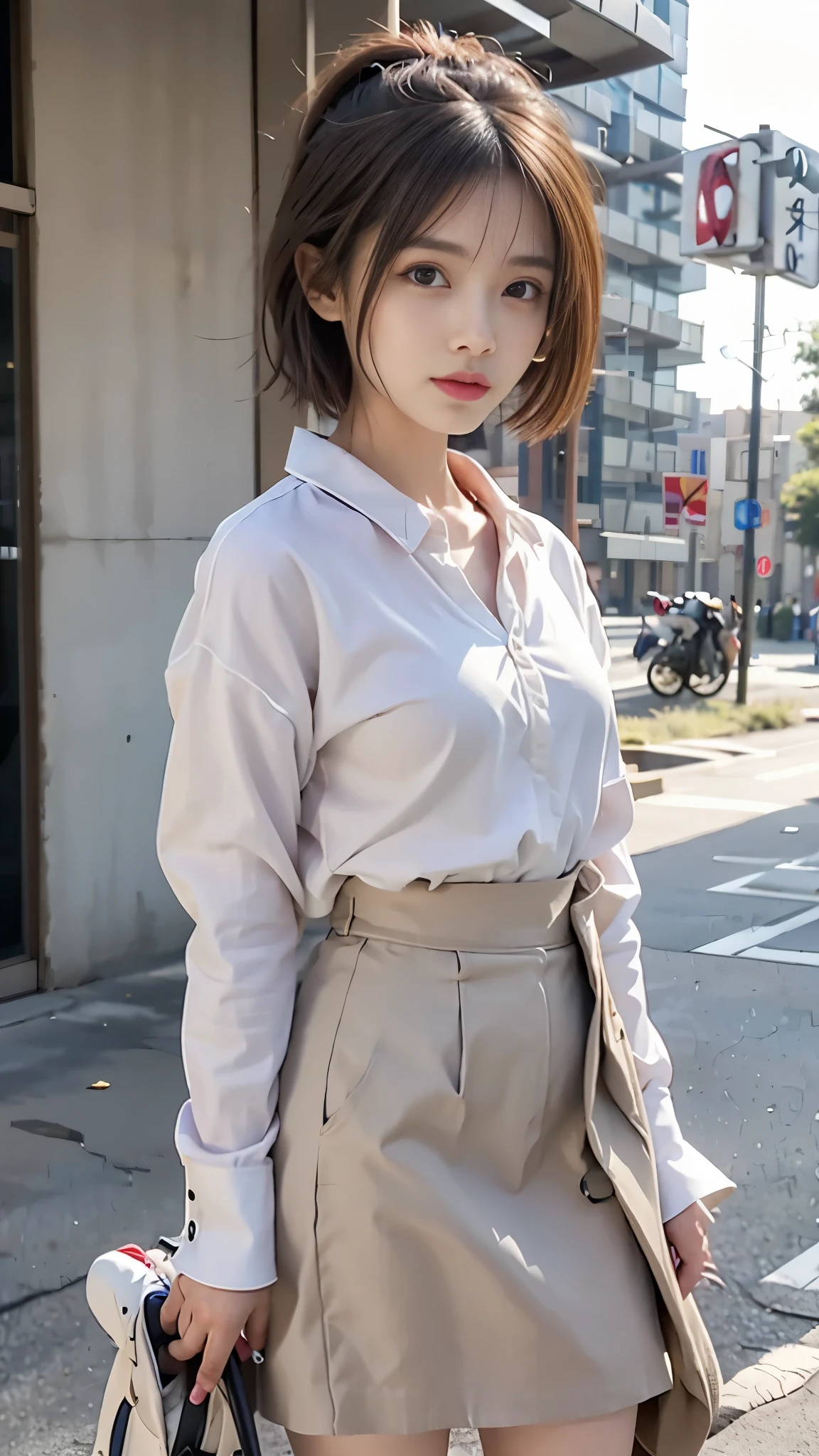 light brown hair、brown hair、hair between eyes、hair behind the ear、short hair、white shirt、uniform、front、negative space、Lens flare、Bokeh、 wide angle、超wide angle、f/1.8、35mm、realism、Depth of the bounds written、futuristic、UHD、retina、masterpiece、correct、anatomically correct、textured skin、super detail、high detail、high quality、 最high quality、High resolution、8K、cyber punk、超futuristic、Digital、on top of the building、Blowing in the wind、fluttering skirt、Vlog